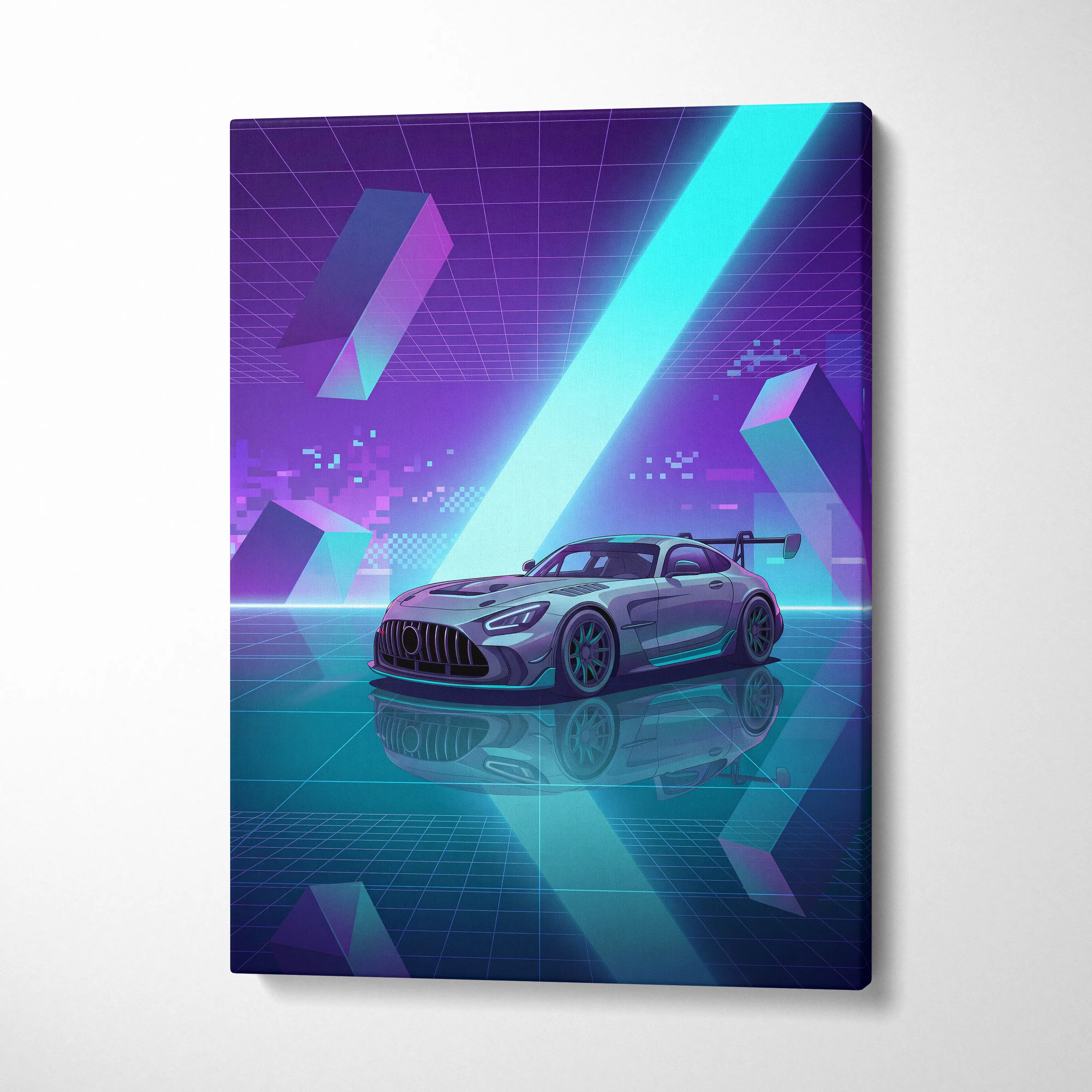 Mercedes-AMG GT Black Series Inspired Silver Teal Canvas Wall Art, Vaporwave Track Car Artwork, Neon Grid Garage Decor, Retro Futuristic Motorsport Print