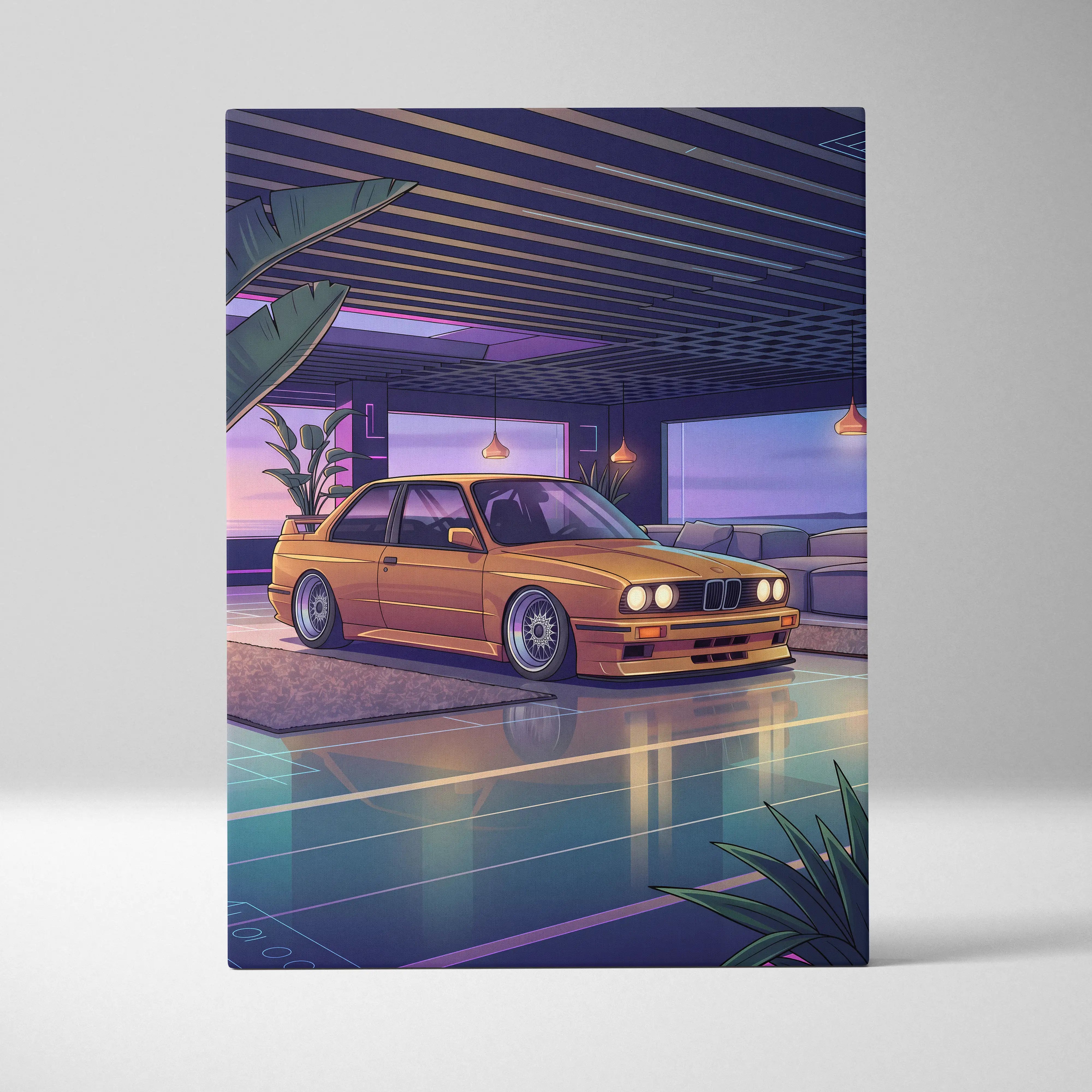 BMW E30 Inspired Vaporwave Car Canvas Art - Car Pink Purple Blue Living Room Vaporwave Nostalgic Glow Retro Futuristic Canvas