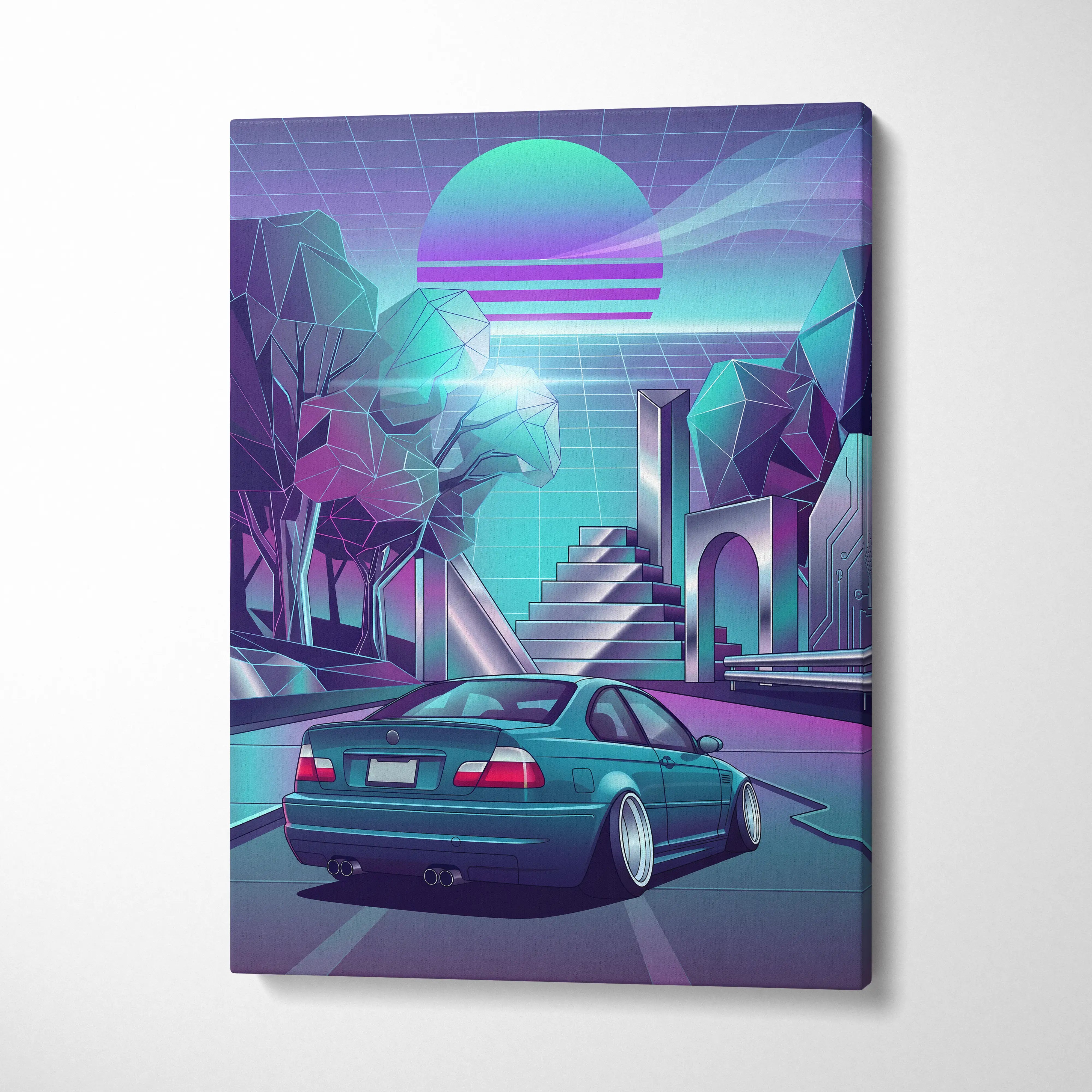 BMW M3 Inspired Vaporwave Car Canvas - Car Artwork Neon Teal Purple Living Room Mood Nostalgic Decor Vaporwave Retro Futurism Canvas