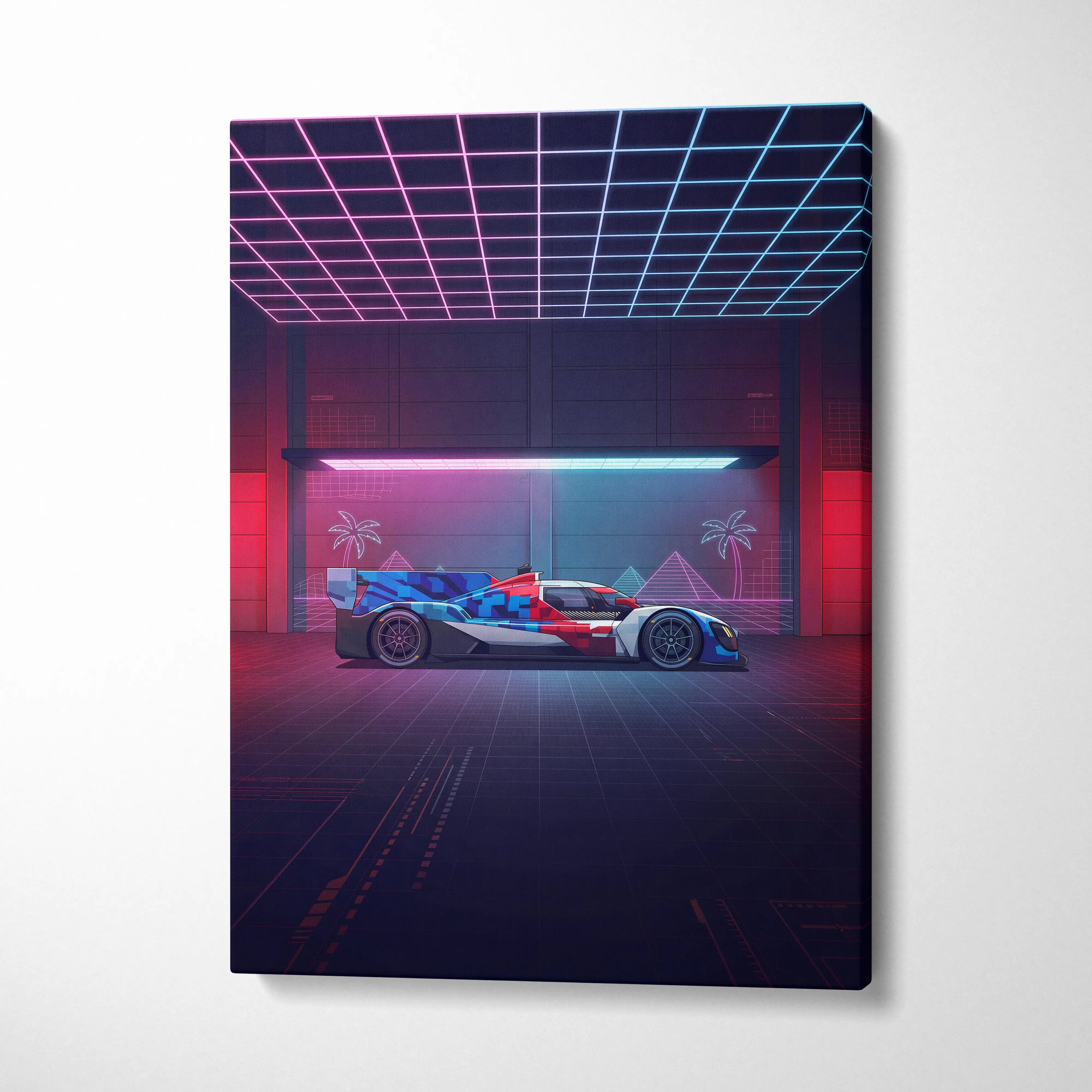 BMW M Hybrid V8 Inspired Vaporwave Car Canvas - Vaporwave Car Art Neon Pink Blue - Mood Nostalgic Deco Neon Car Canvas