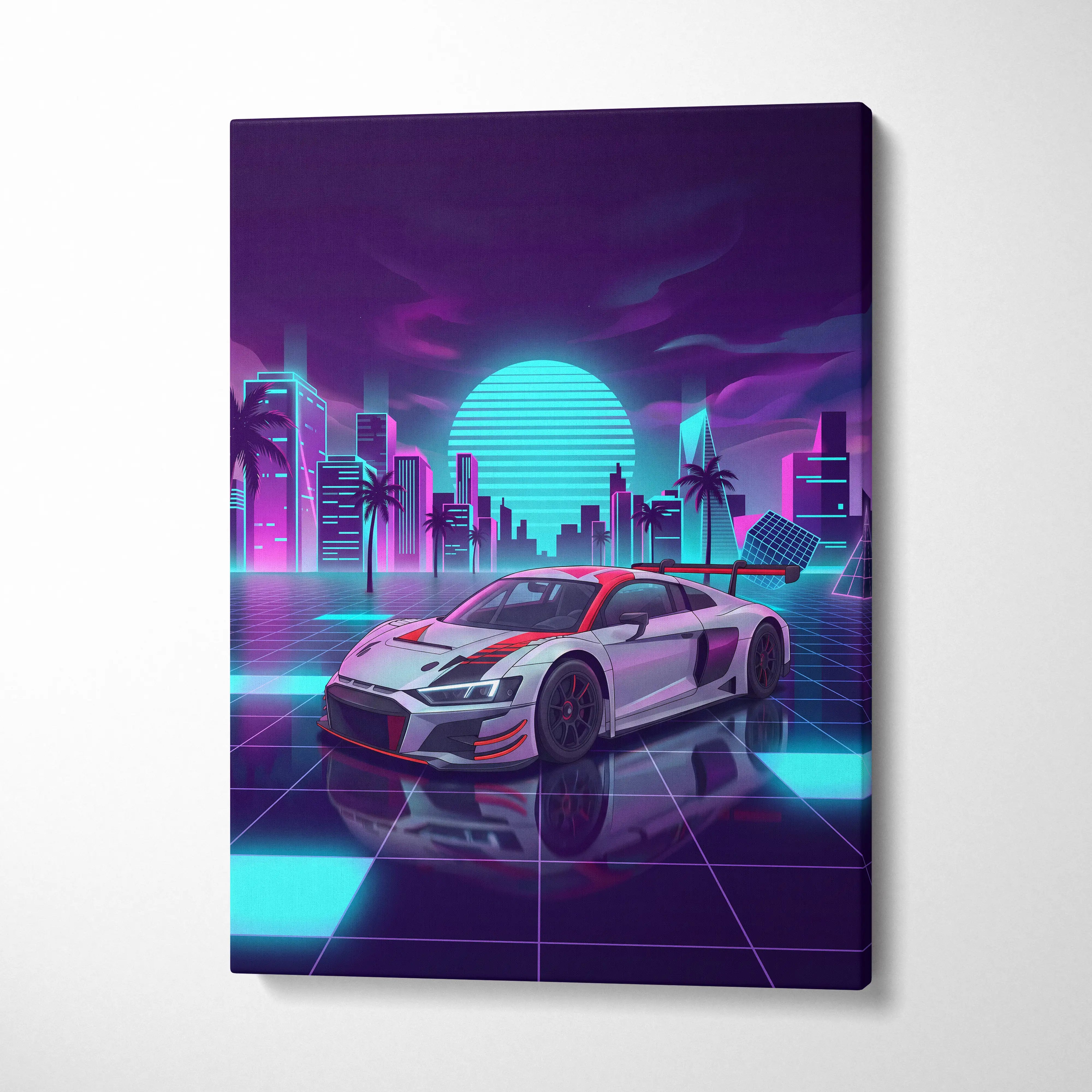 Audi R8 LMS Inspired Vaporwave Canvas - Neon Cityscape Pink Cyan Purple Living Room Vaporwave Nostalgic Dreamscape Canvas