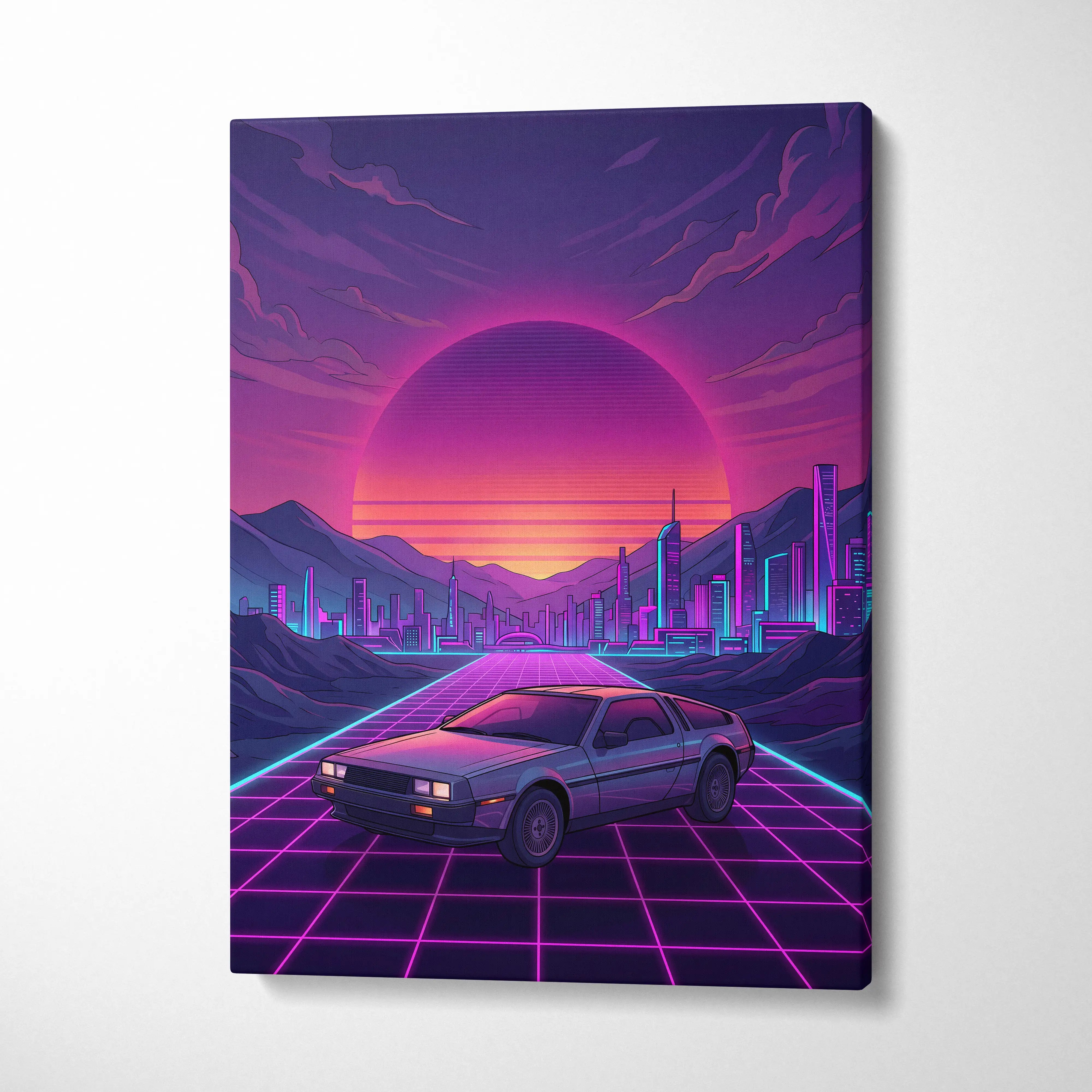 DeLorean DMC-12 Inspired Silver Purple Canvas Wall Art, Vaporwave Neon Grid City Decor, Retro Futuristic Sports Car Artwork