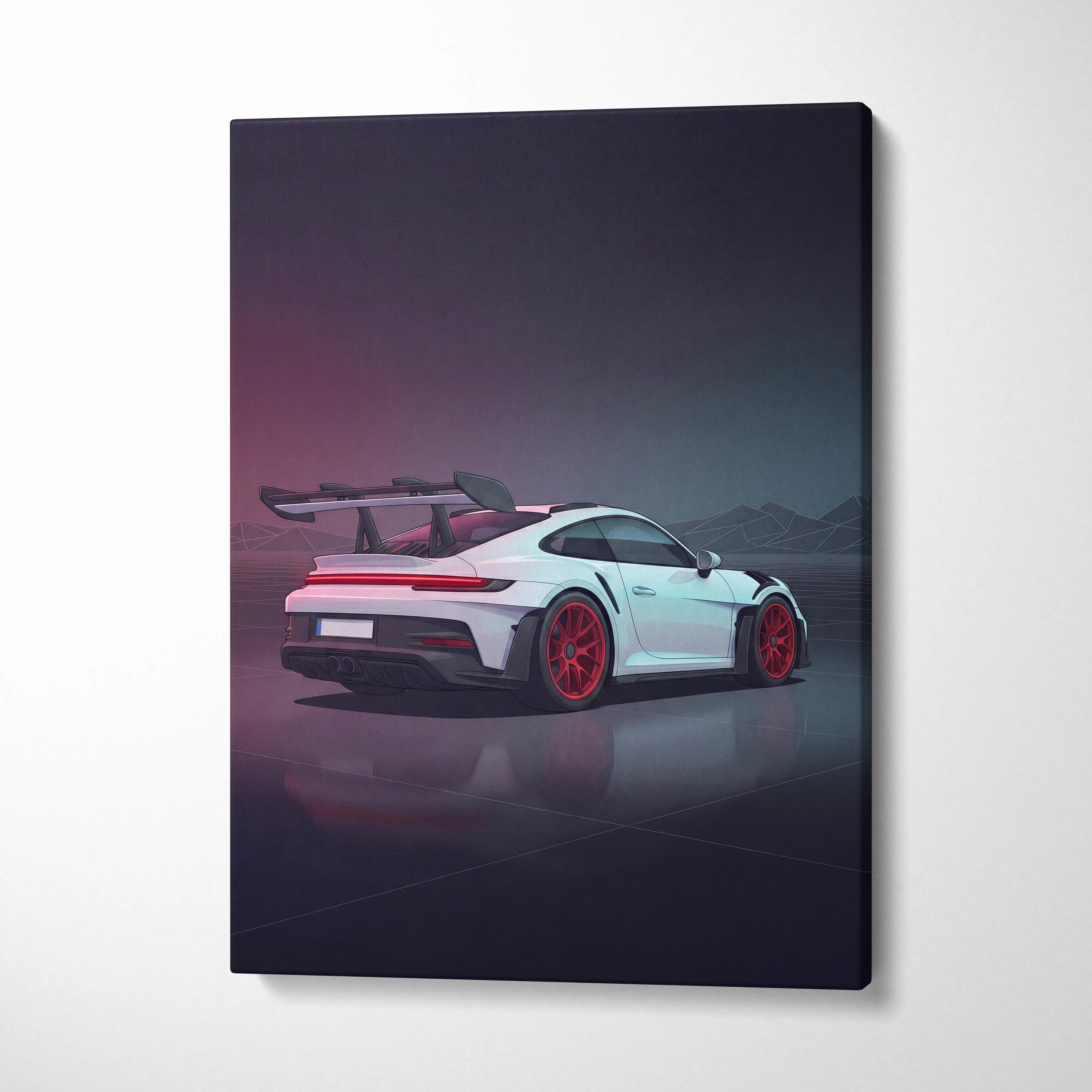 Porsche 911 GT3 RS Inspired White Red Canvas Wall Art, Vaporwave Track Car Artwork, Neon Garage Decor, Retro Futuristic Motorsport Print