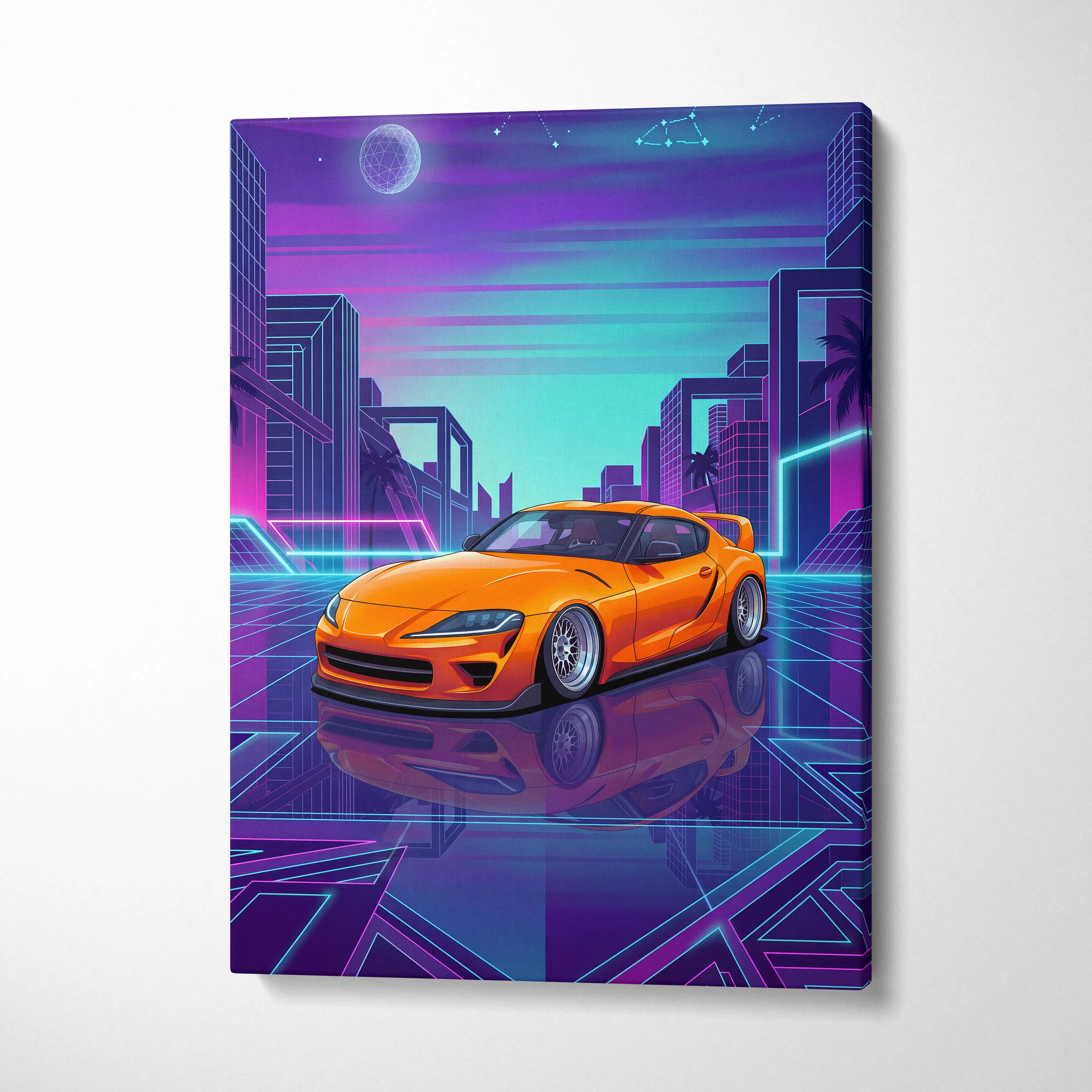Toyota GR Supra Inspired Orange Purple Canvas Wall Art Vaporwave Sports Car Artwork Neon Cyberpunk Garage Decor Retro Futuristic JDM Print