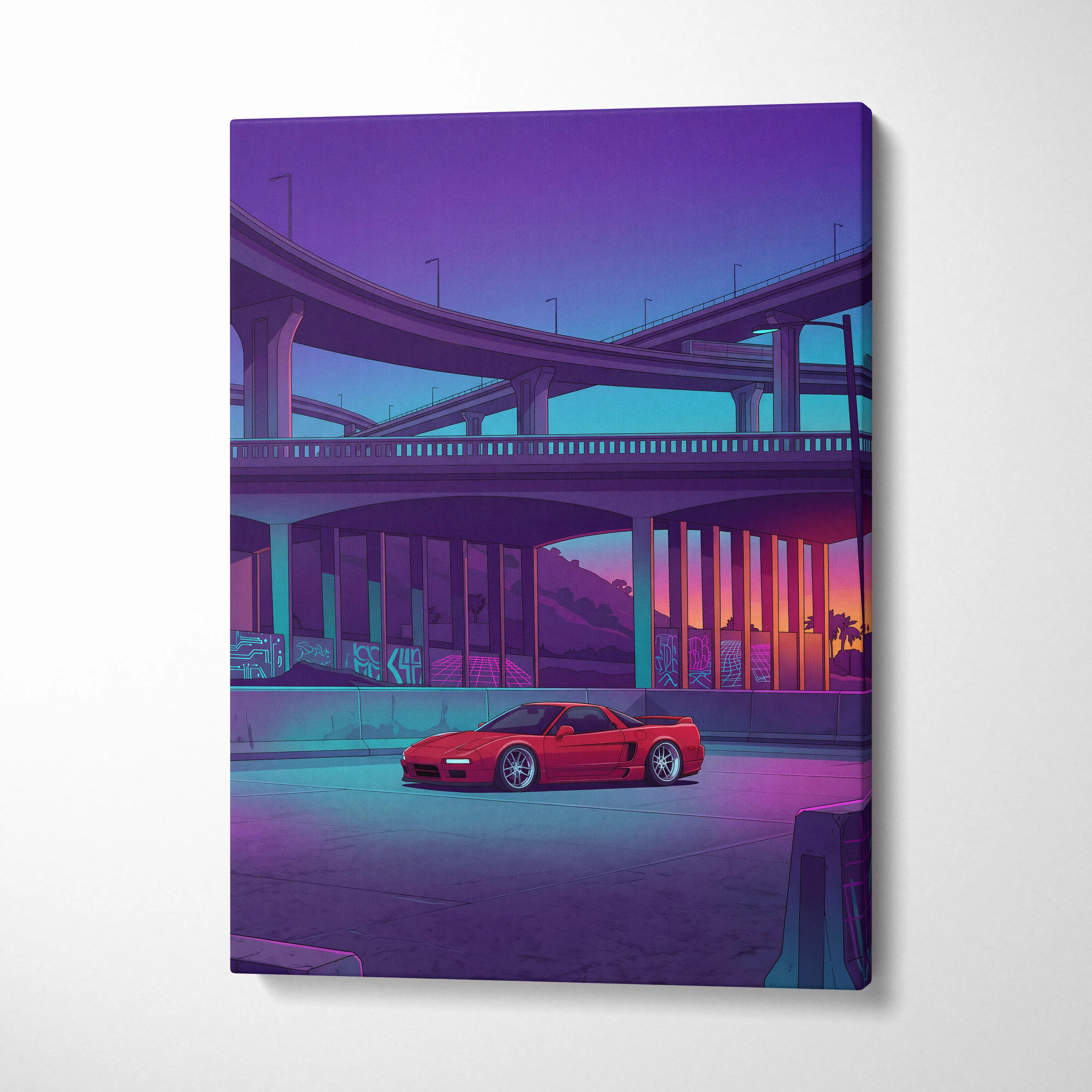 Acura NSX Inspired Red Purple Canvas Wall Art Vaporwave JDM Supercar Artwork Neon Overpass Garage Decor Retro Futuristic City Print