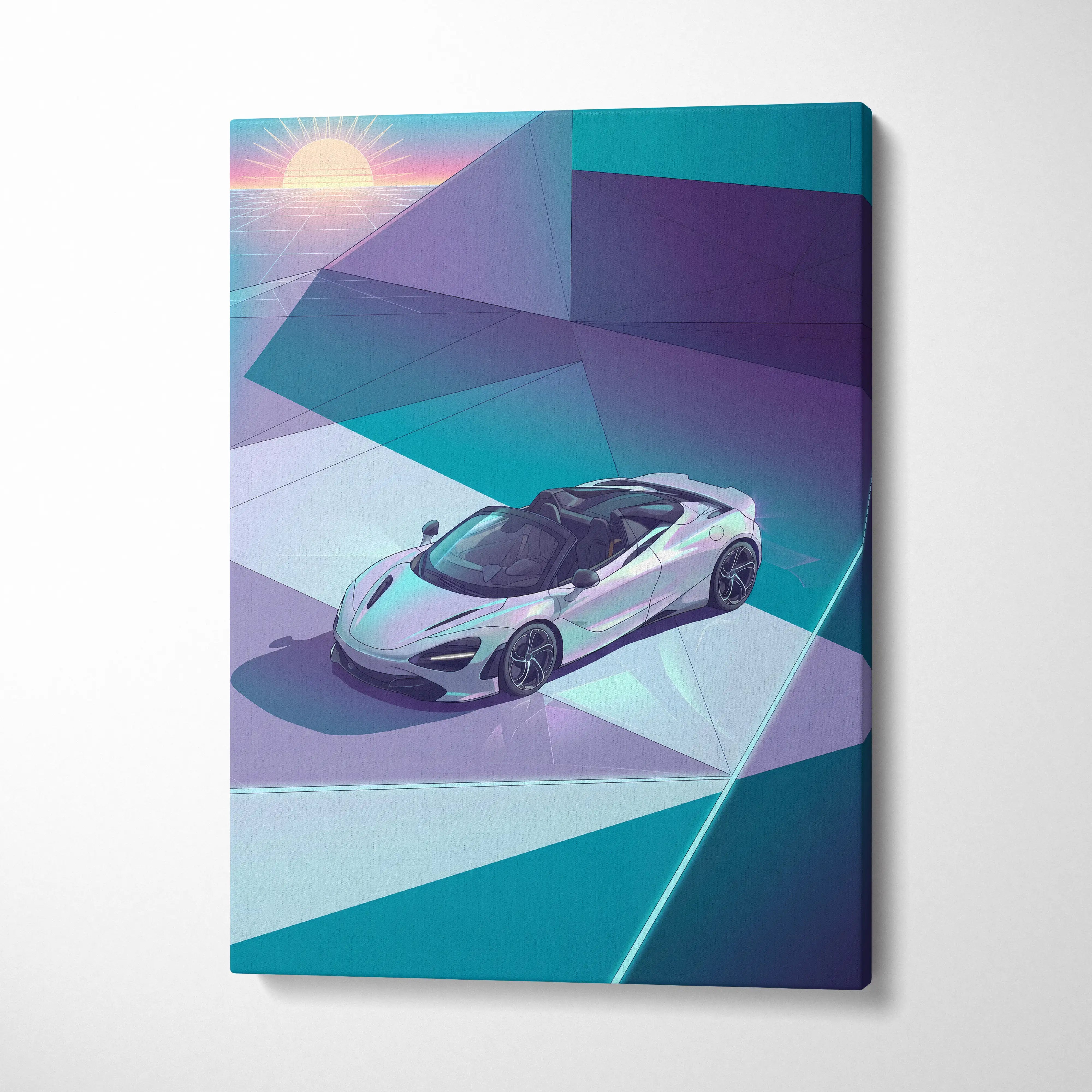 McLaren 720S Spider Inspired White Teal Canvas Wall Art, Vaporwave Supercar Artwork, Neon Grid Garage Decor, Retro Futuristic Exotic Print