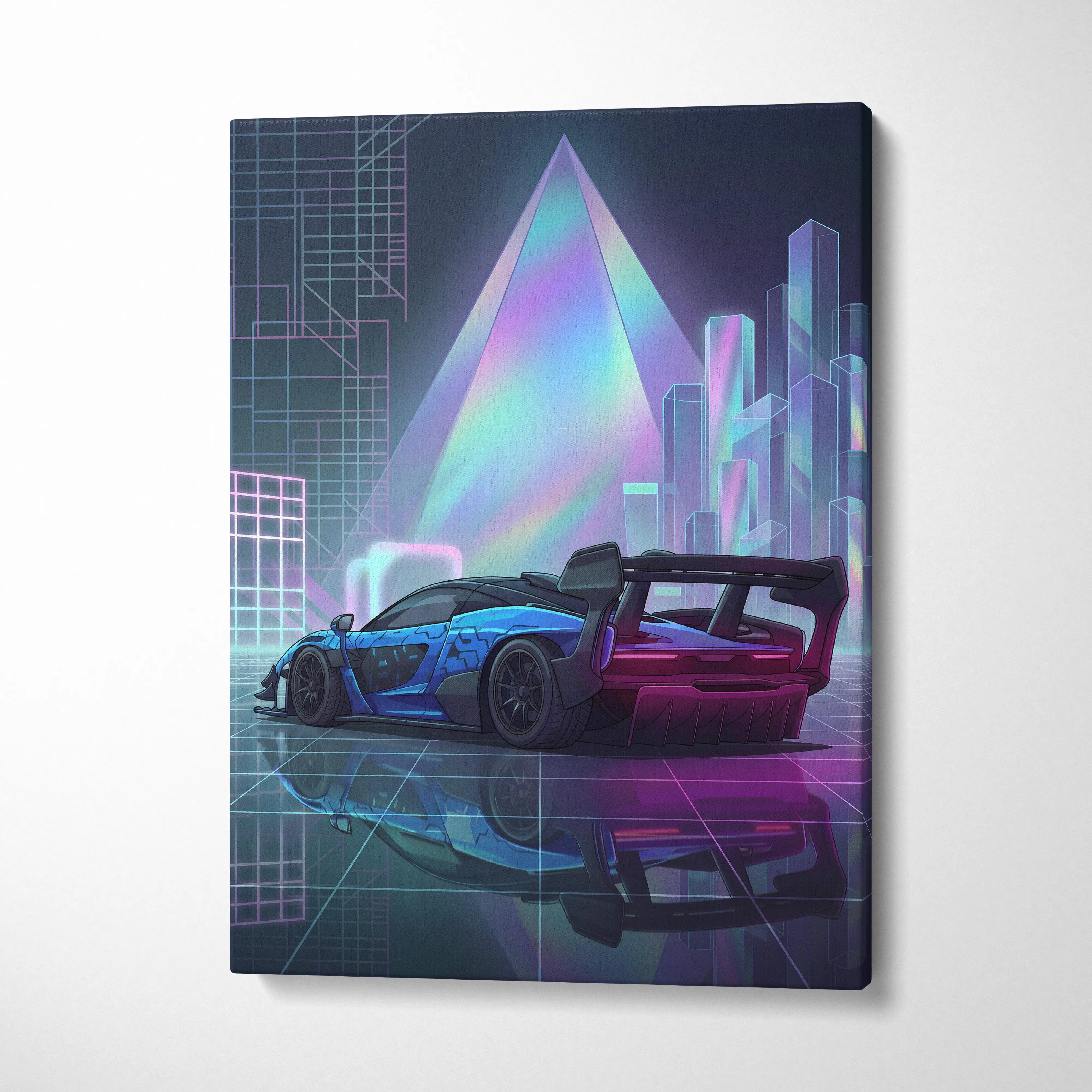McLaren Senna GTR Inspired Blue Purple Canvas Wall Art, Vaporwave Track Car Artwork, Neon Grid Garage Decor, Retro Futuristic Motorsport Print