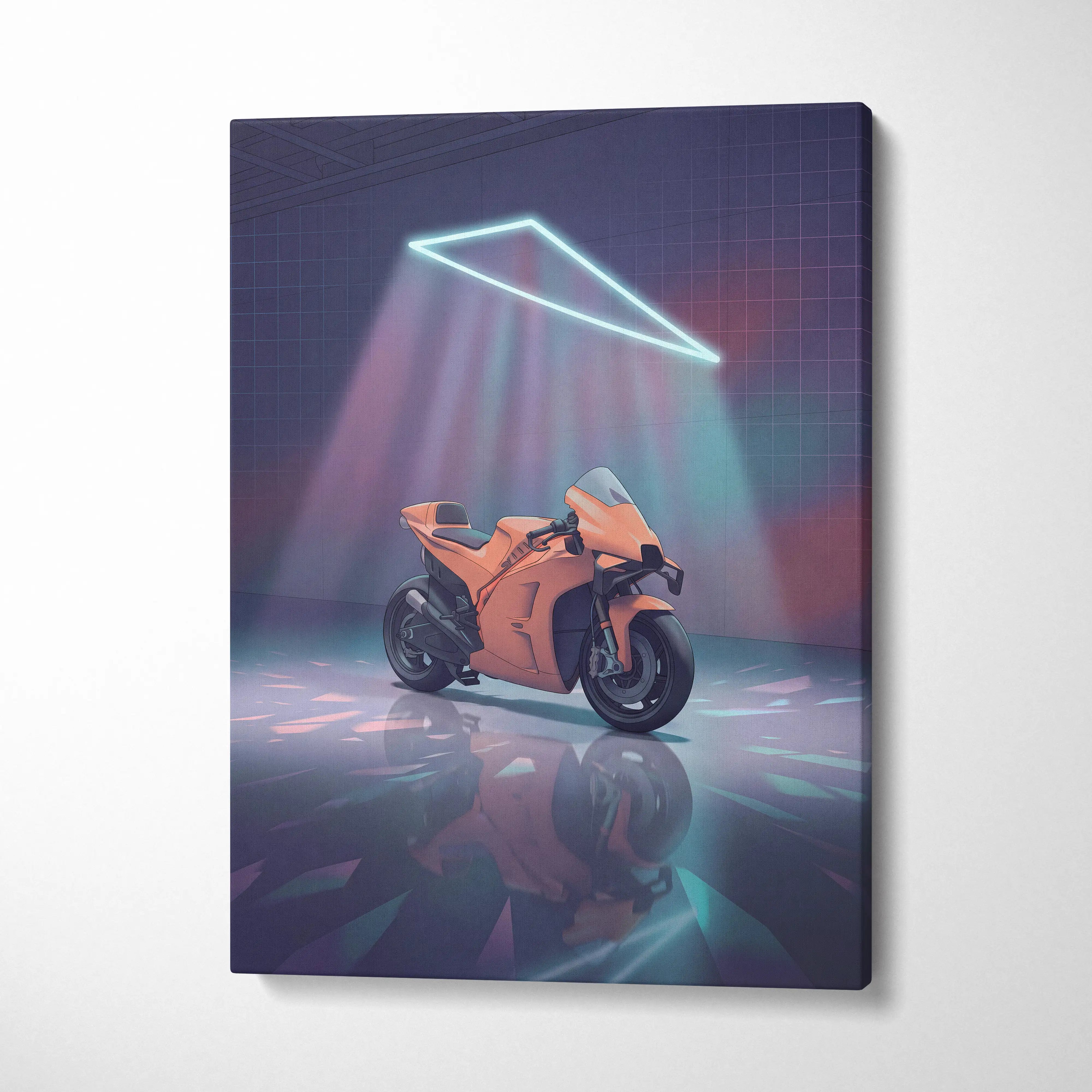 Orange sport motorcycle canvas wall art inspired by KTM RC 8C with neon teal vaporwave retro futuristic garage design