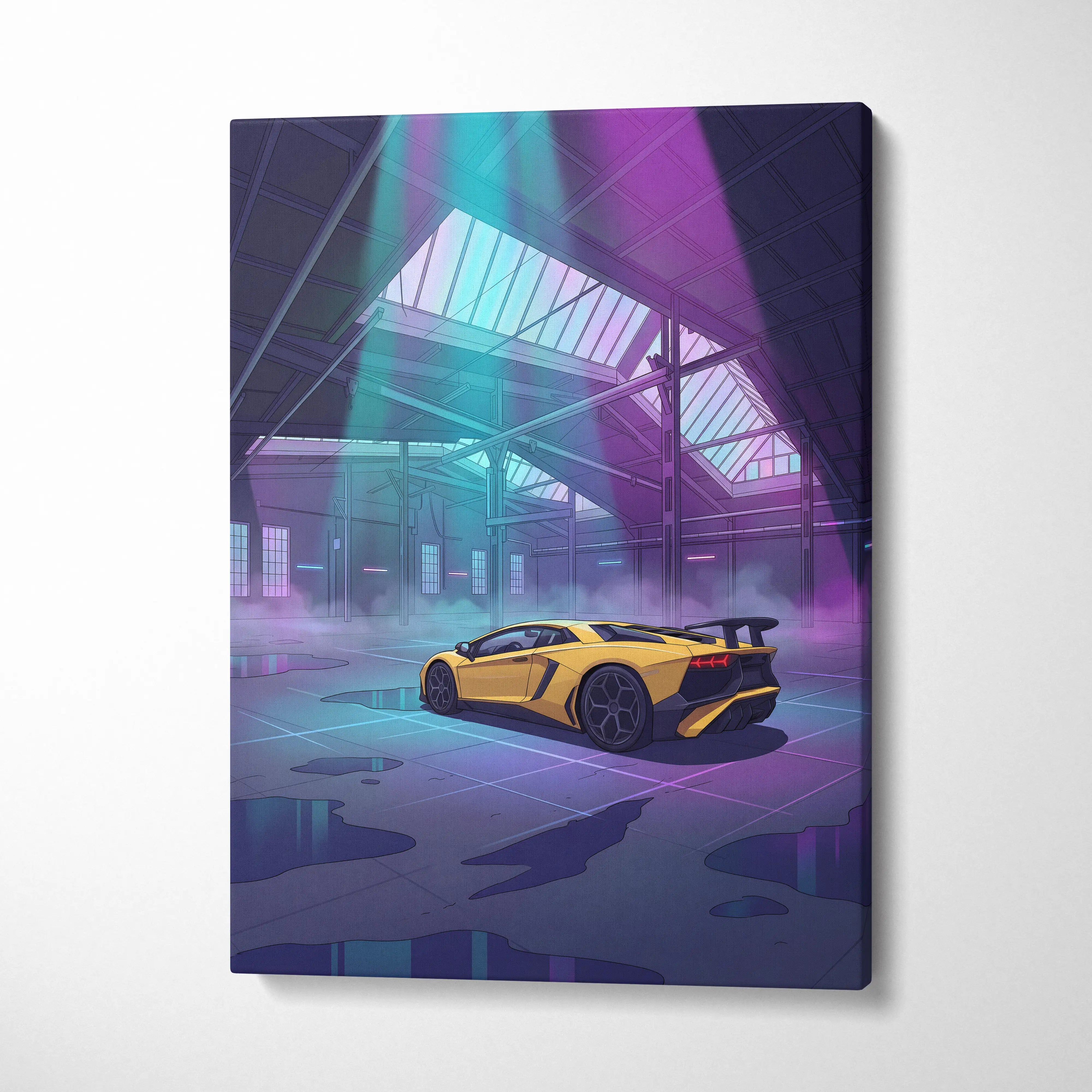 Lamborghini Aventador Inspired Yellow Purple Canvas Wall Art, Vaporwave Supercar Artwork, Neon Garage Decor, Retro Futuristic Exotic Car Print