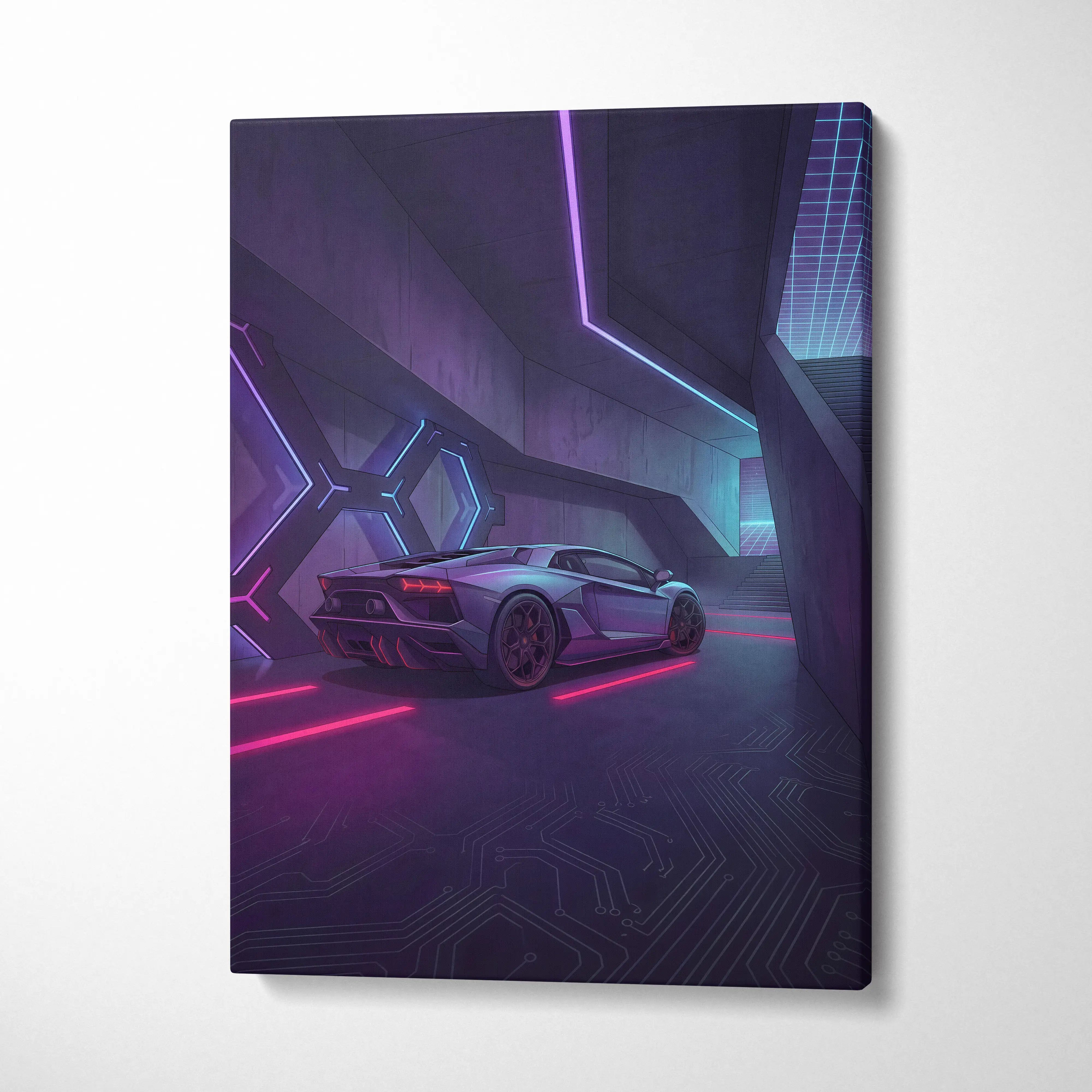Lamborghini Aventador Inspired Silver Purple Canvas Wall Art, Vaporwave Neon Cyberpunk Garage Decor, Moody Futuristic Supercar Artwork