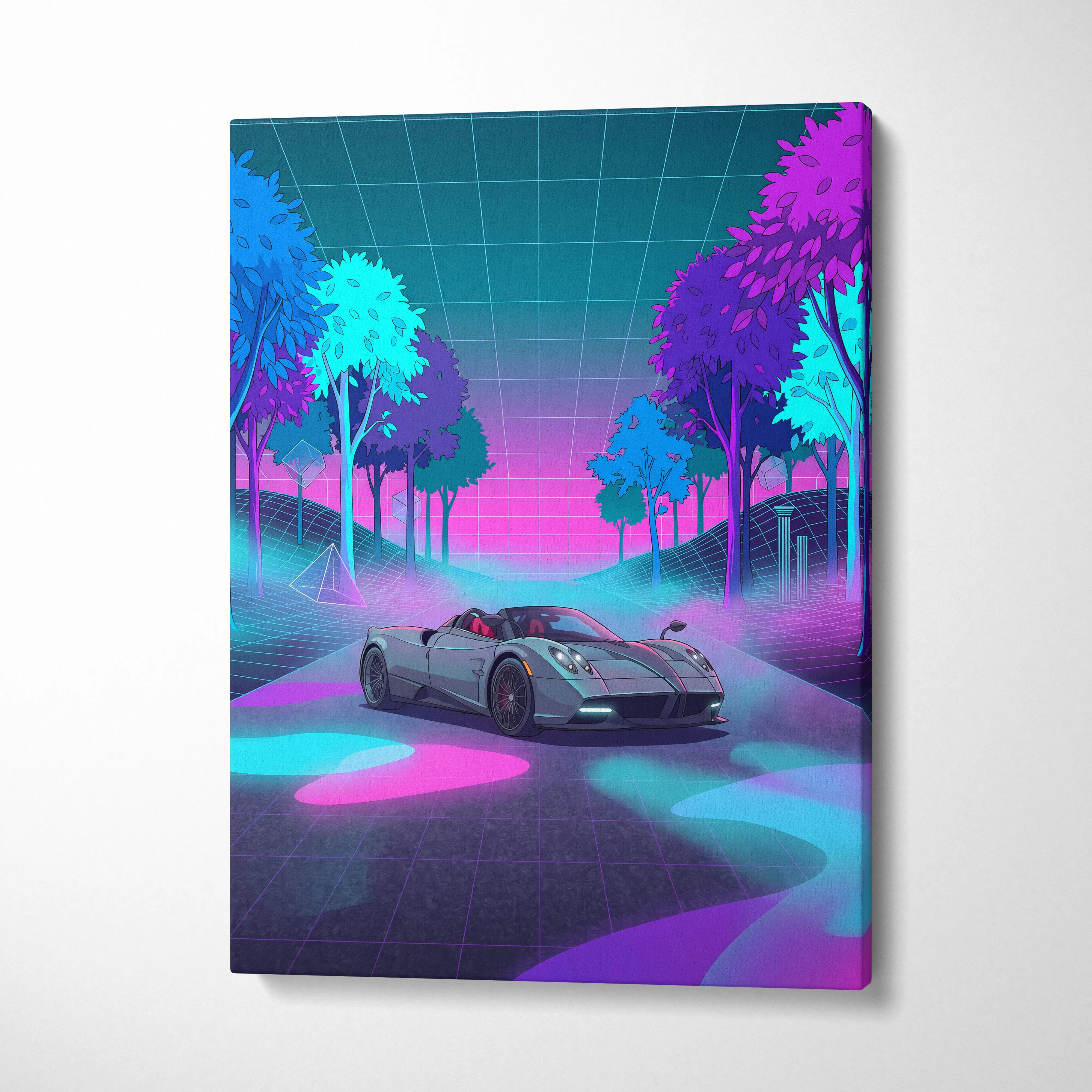 Pagani Huayra Roadster Inspired Silver Pink Canvas Wall Art Vaporwave Neon Forest Hypercar Artwork, Dreamy Cyberpunk Garage Decor