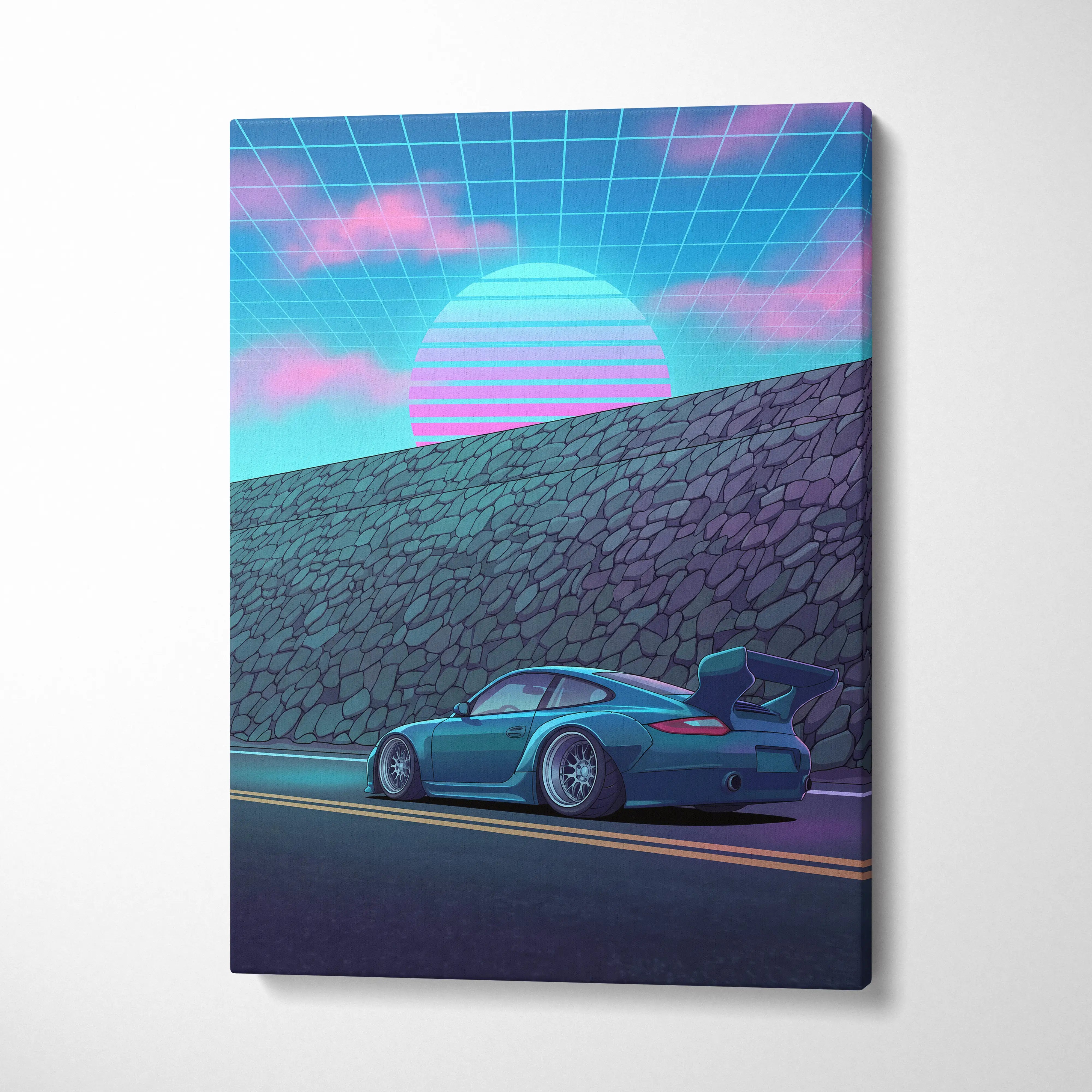 Porsche 911 GT3 Widebody Inspired Blue Pink Canvas Wall Art Vaporwave Sunset Road Car Artwork, Retro Neon Garage Decor