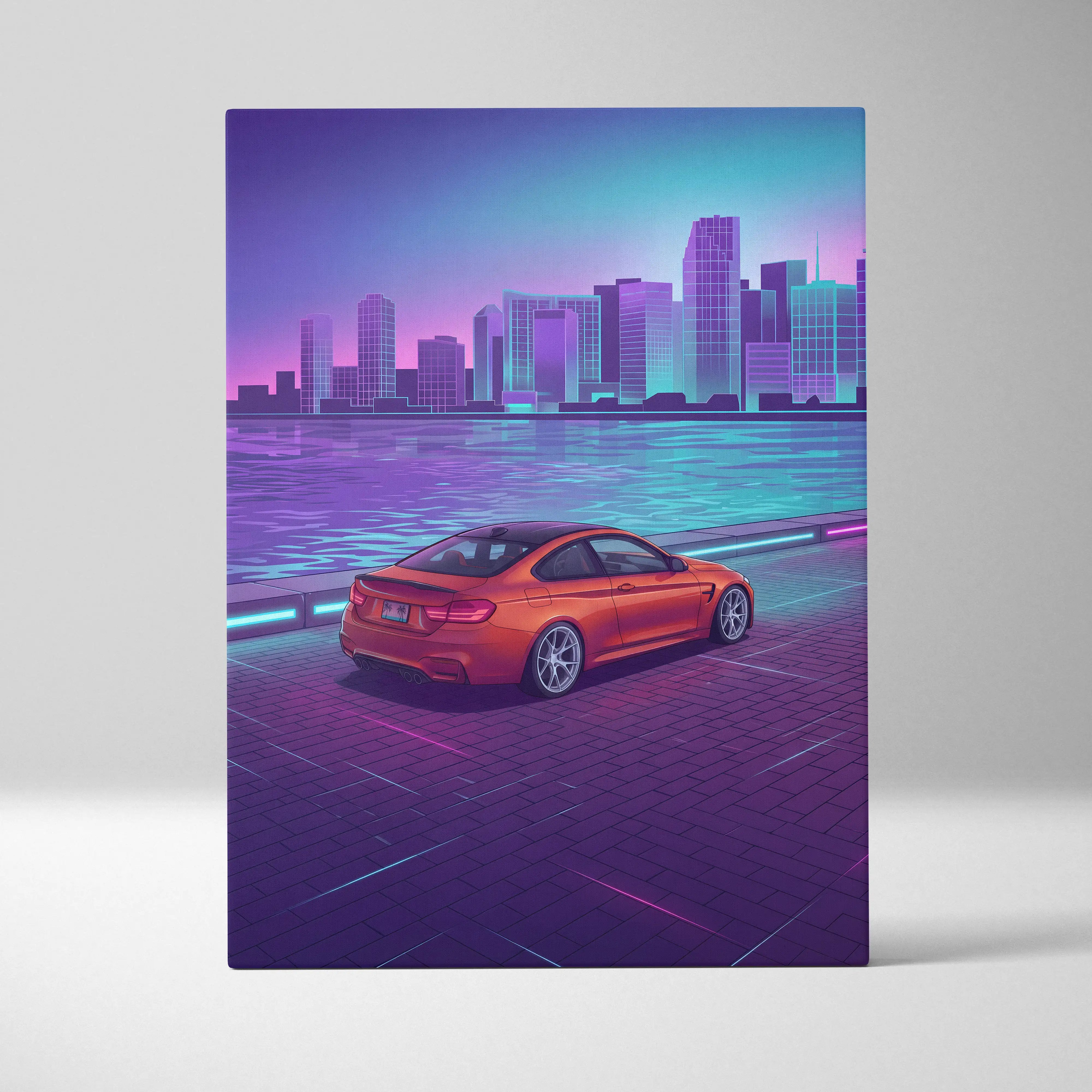 BMW M4 Inspired Orange Purple Canvas Wall Art Vaporwave Sports Car Artwork Neon Waterfront Garage Decor Retro Futuristic City Print