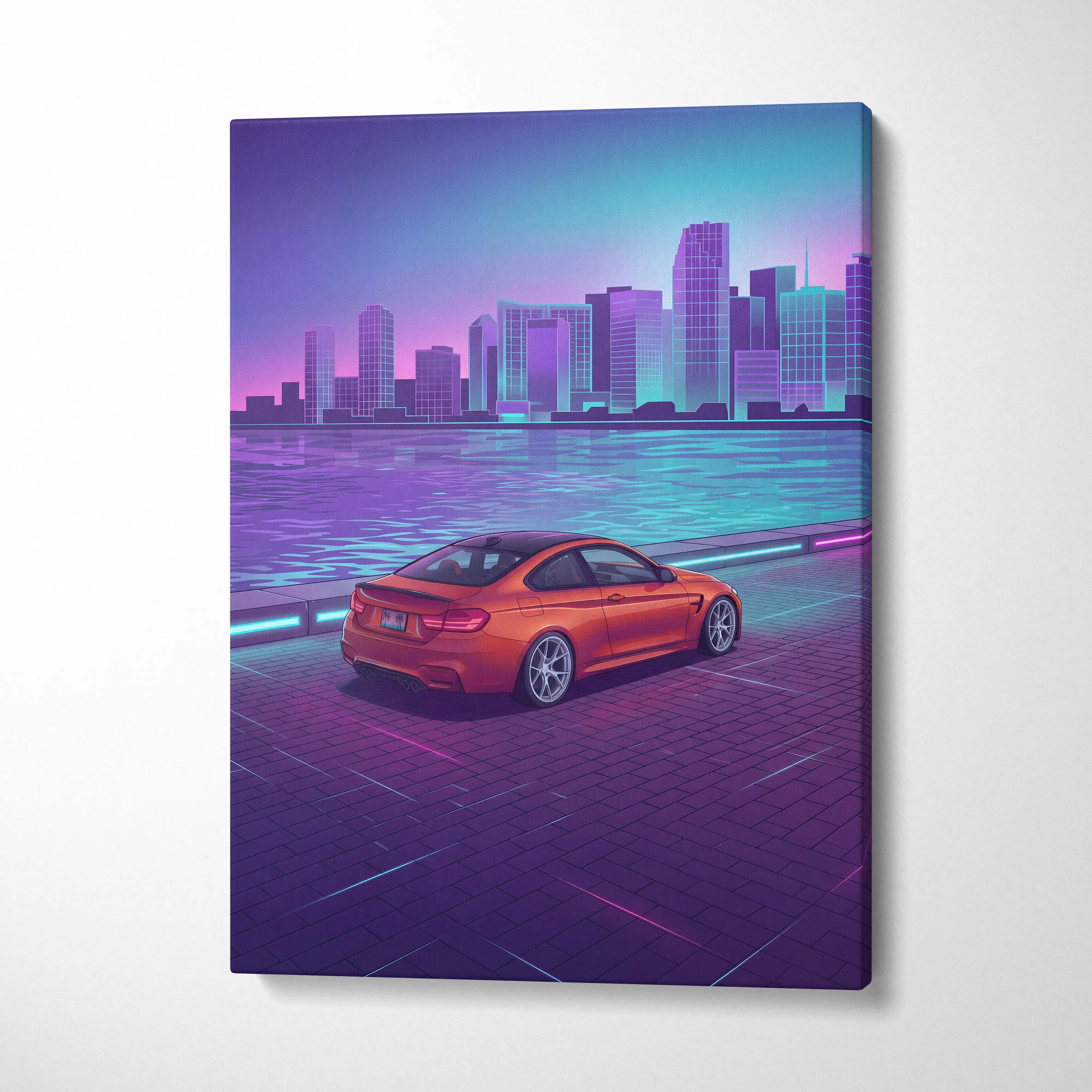 BMW M4 Inspired Orange Purple Canvas Wall Art Vaporwave Sports Car Artwork Neon Waterfront Garage Decor Retro Futuristic City Print