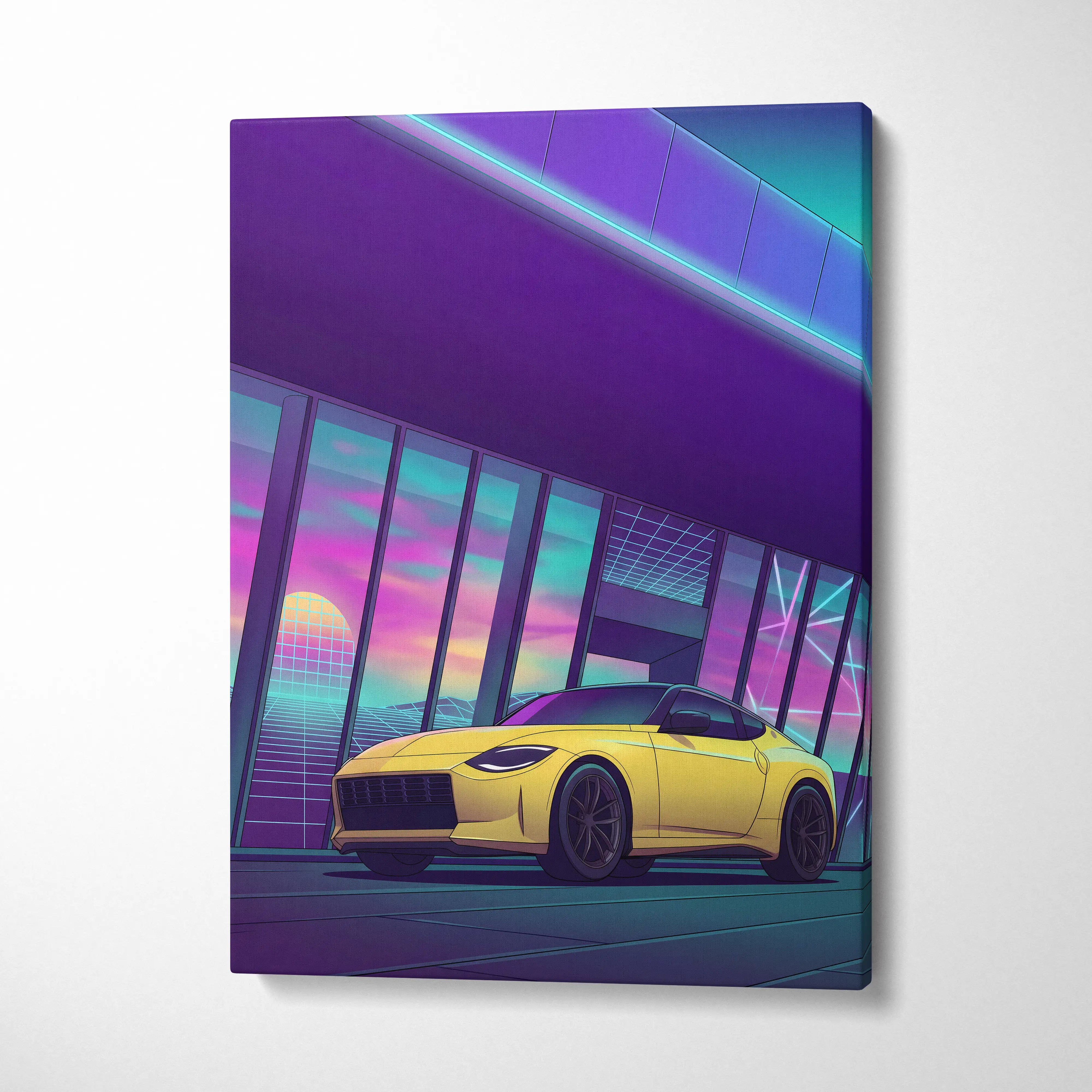 Nissan Z Inspired Yellow Purple Canvas Wall Art Vaporwave Sports Car Artwork Neon Garage Decor Retro Futuristic JDM City Print