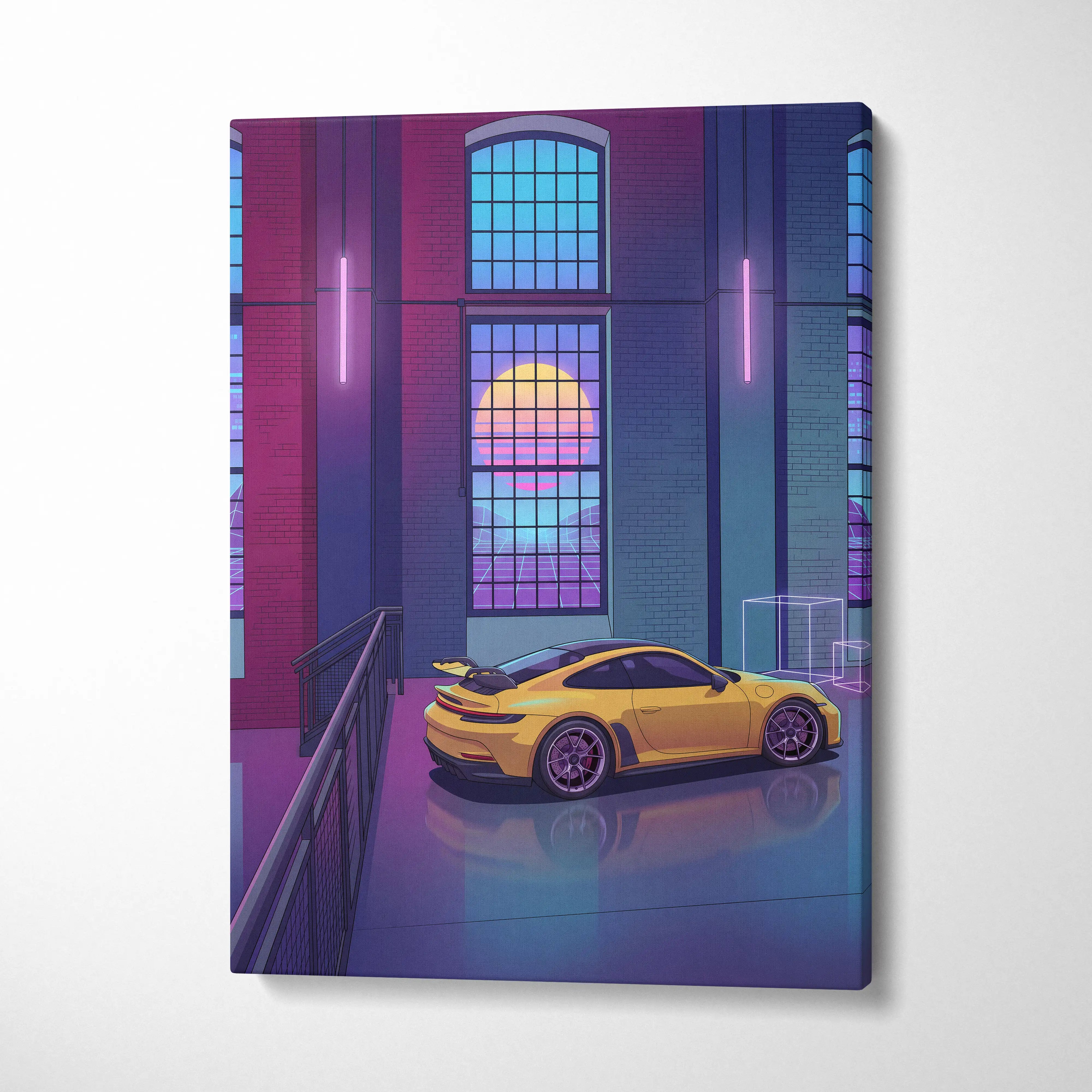 Porsche 911 GT3 RS Inspired Yellow Purple Canvas Wall Art Vaporwave Sports Car Artwork Neon Garage Decor Retro Futuristic City Print