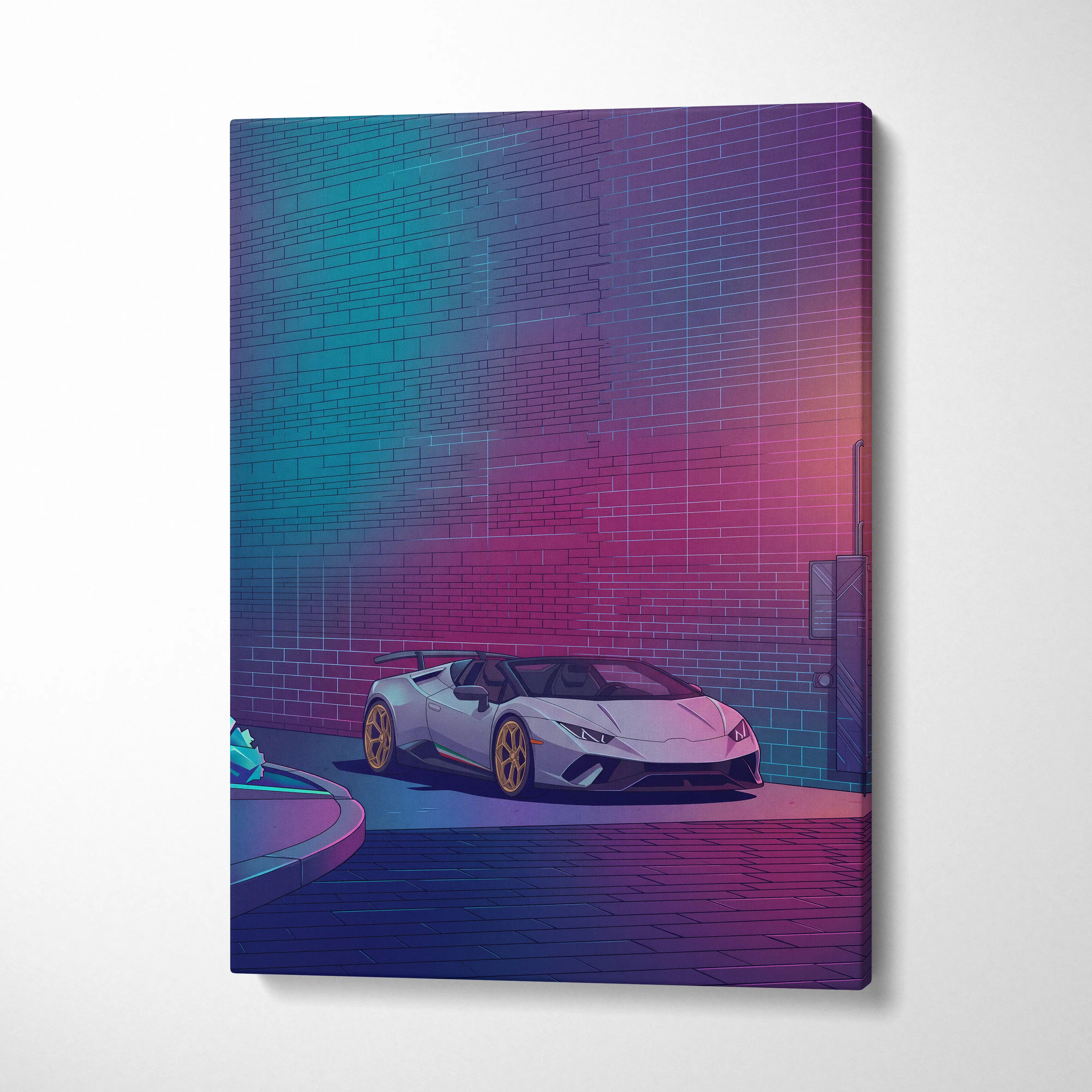 Lamborghini Huracan Spyder Inspired White Purple Canvas Wall Art, Neon Vaporwave Supercar Artwork for Modern Garage Decor