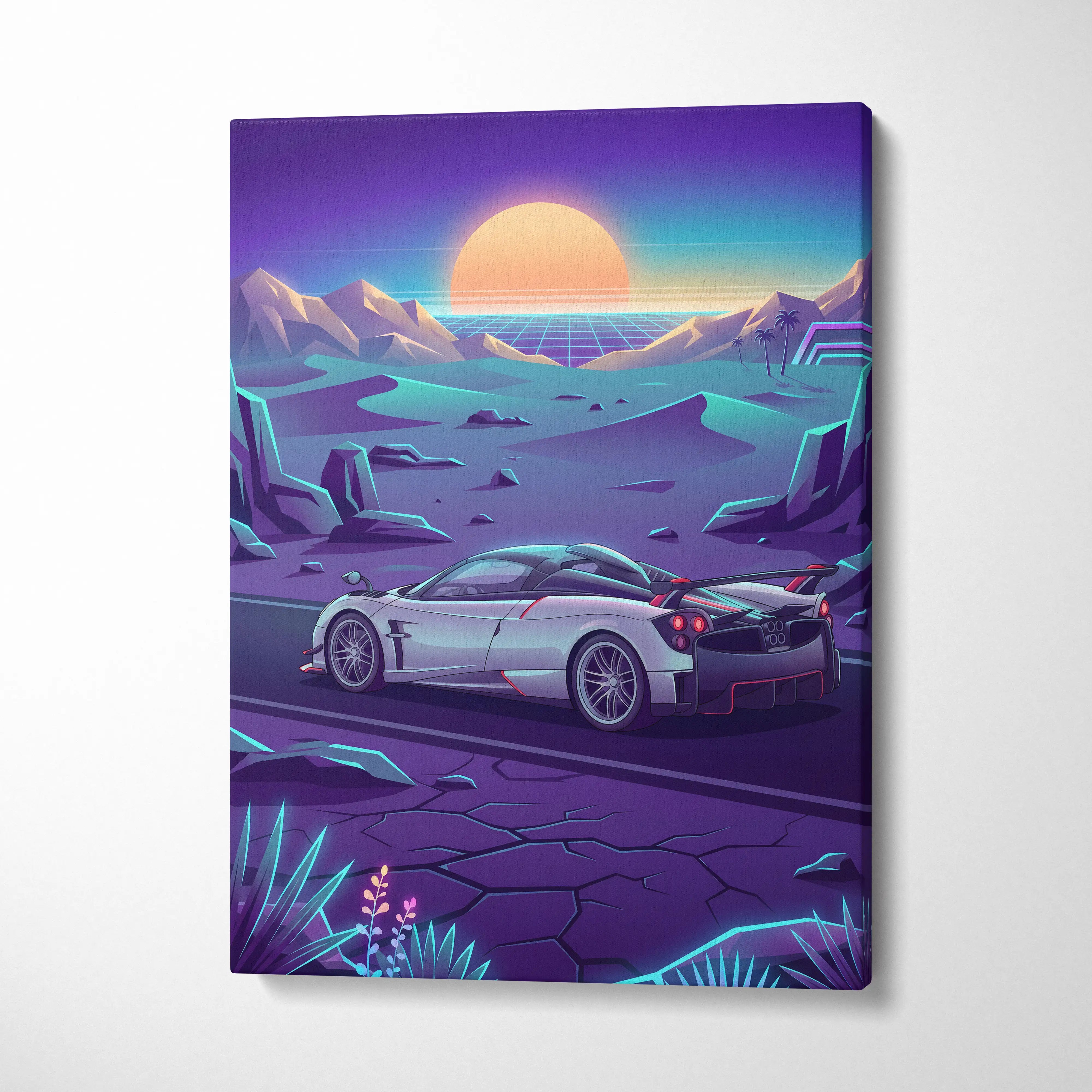 Pagani Huayra Inspired Retro Neon Sunset Drive - Car Art Neon Purple Teal Living Room Decor Canvas Print