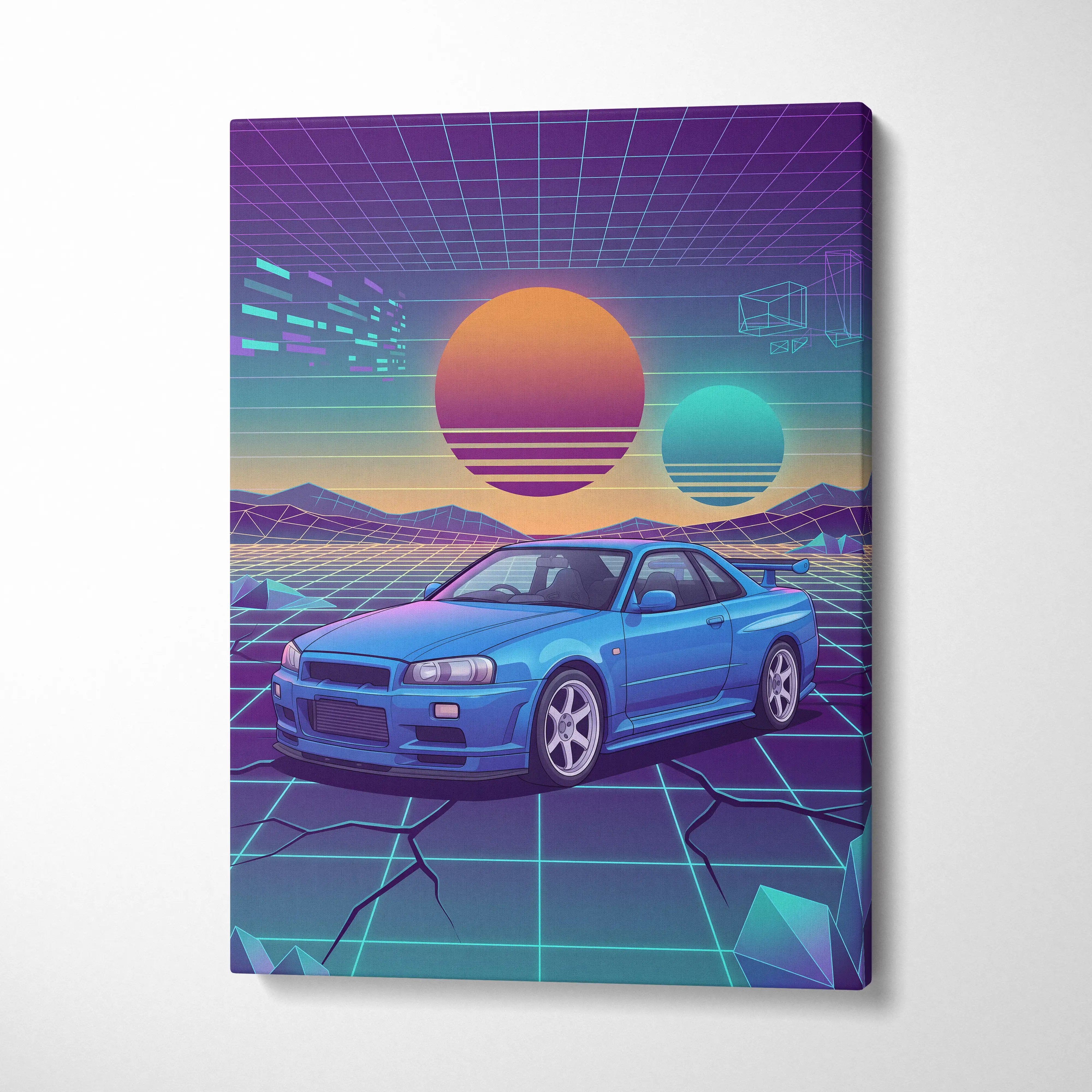 Nissan Skyline GT-R R34 Inspired Blue Purple Canvas Wall Art Vaporwave Neon Grid JDM Car Artwork, Retro Sunset Garage Decor