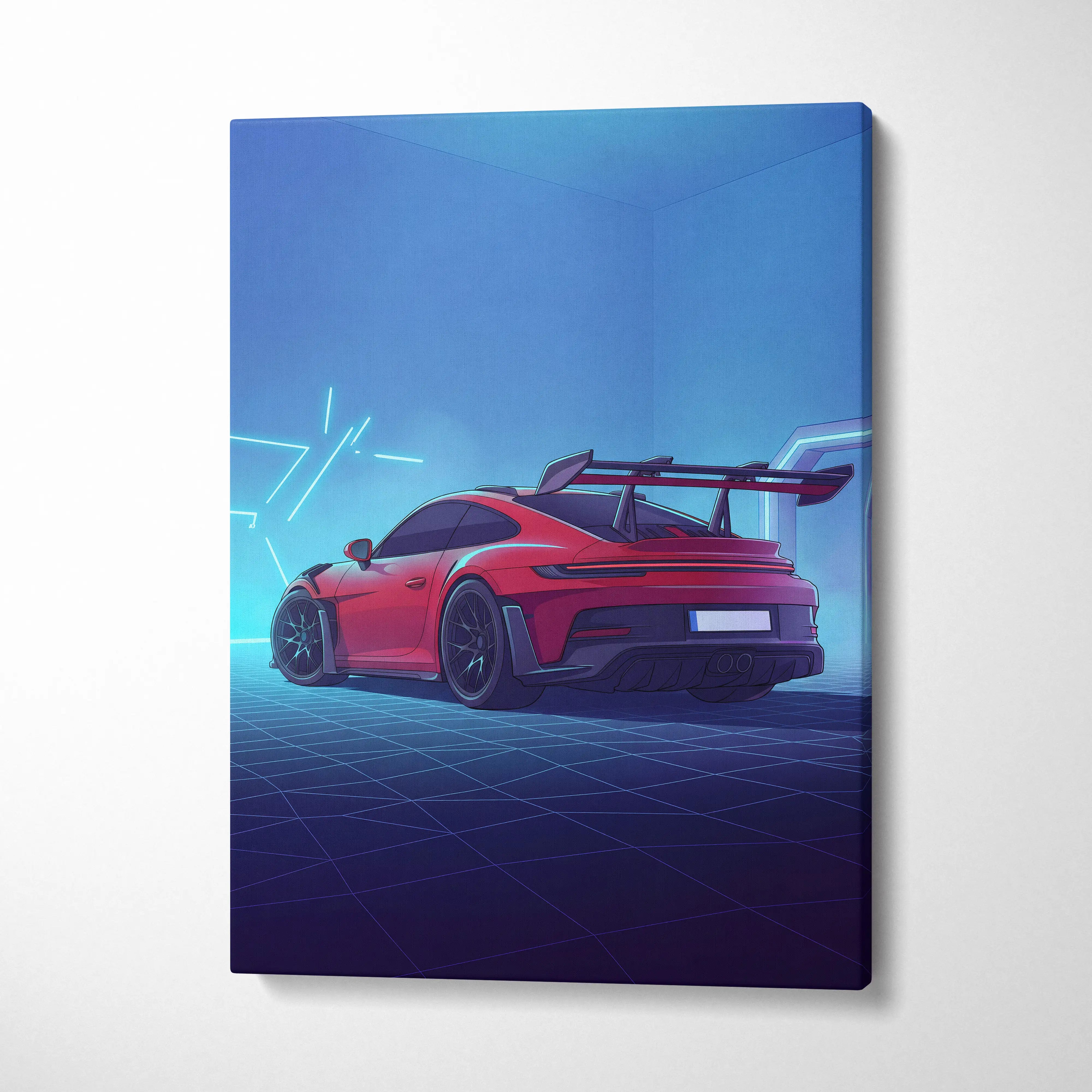 Red porsche 911 gt3 rs sports car in neon-lit vaporwave digital canvas wall art for cyberpunk garage decor