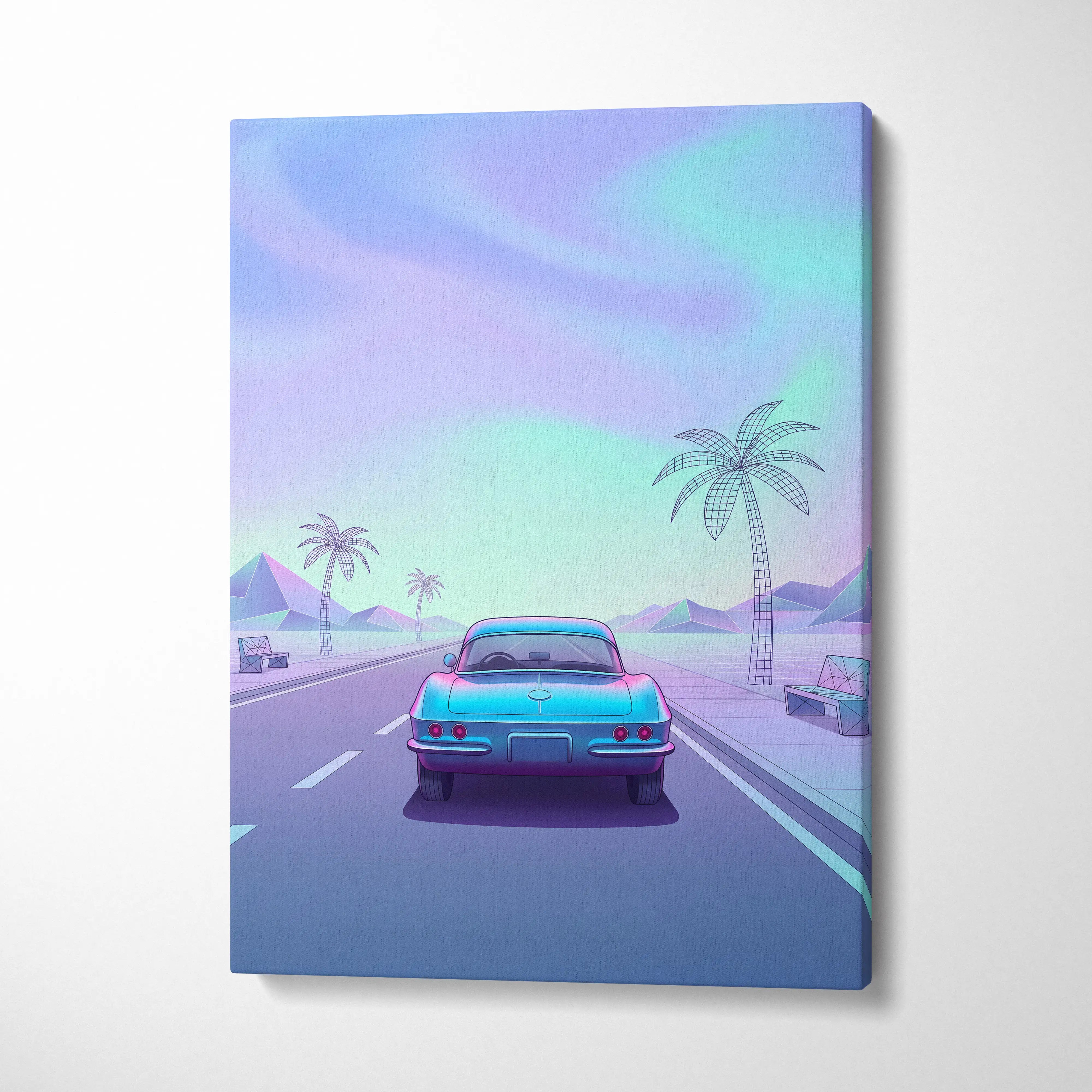 Chevrolet Corvette C2 Inspired Teal Purple Canvas Wall Art Vaporwave Classic Sports Car Artwork Retro Palm Road Garage Decor Futuristic Print