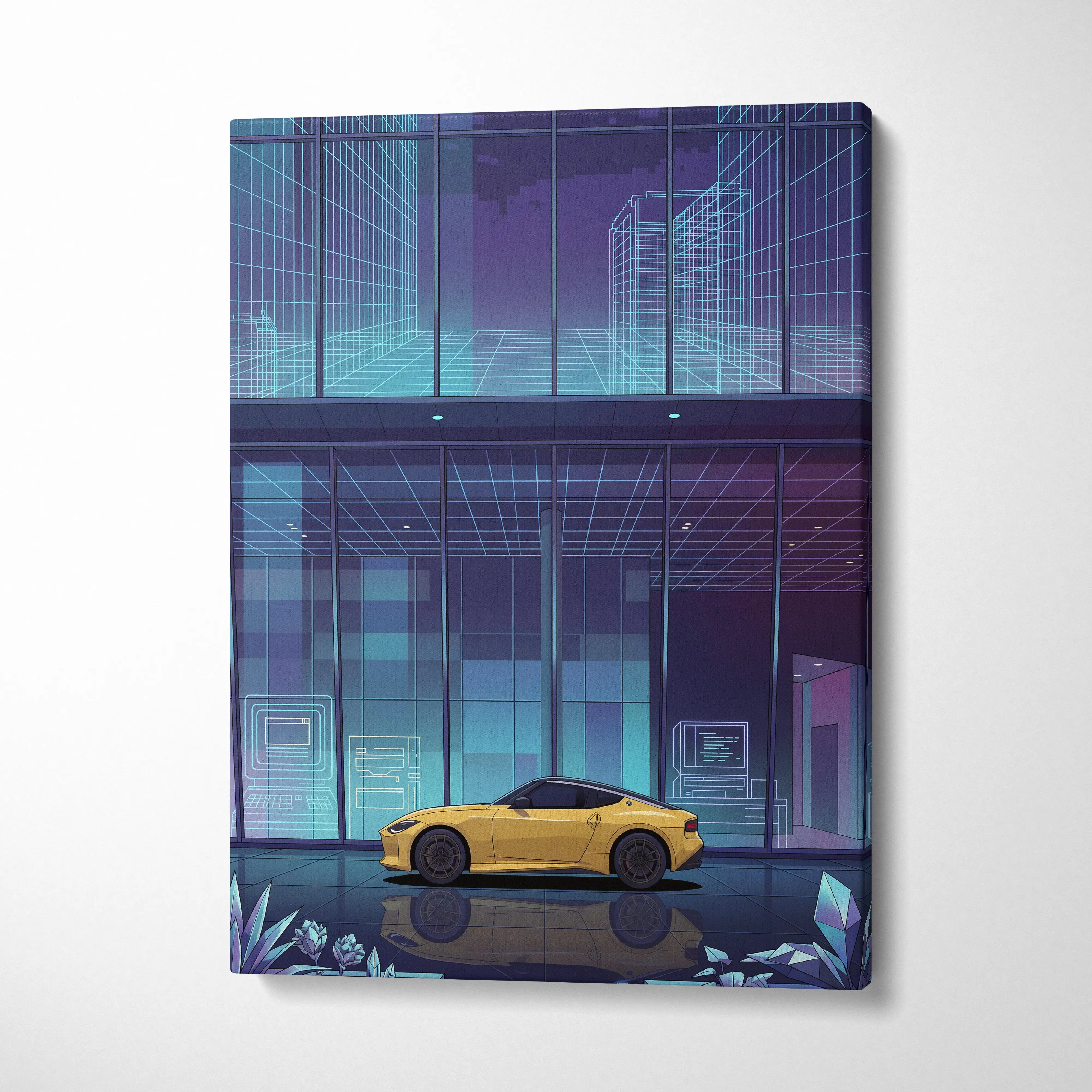 Nissan Z Inspired Yellow Blue Canvas Wall Art Vaporwave Sports Car Artwork Neon Cyberpunk Garage Decor Futuristic City JDM Print