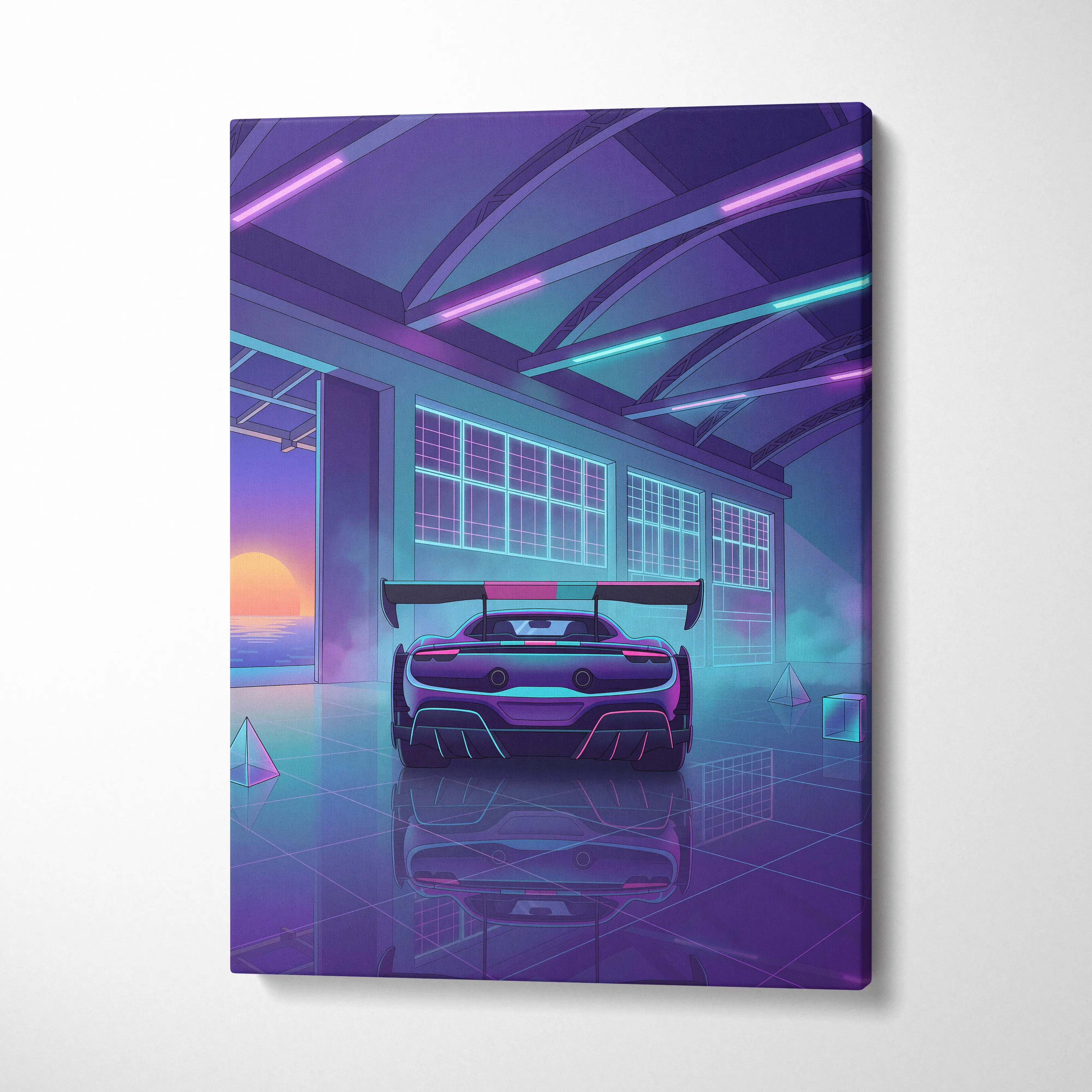 Ferrari 296 Challenge Inspired Teal Purple Canvas Wall Art Vaporwave Supercar Artwork Neon Garage Decor Retro Futuristic Luxury Car Print