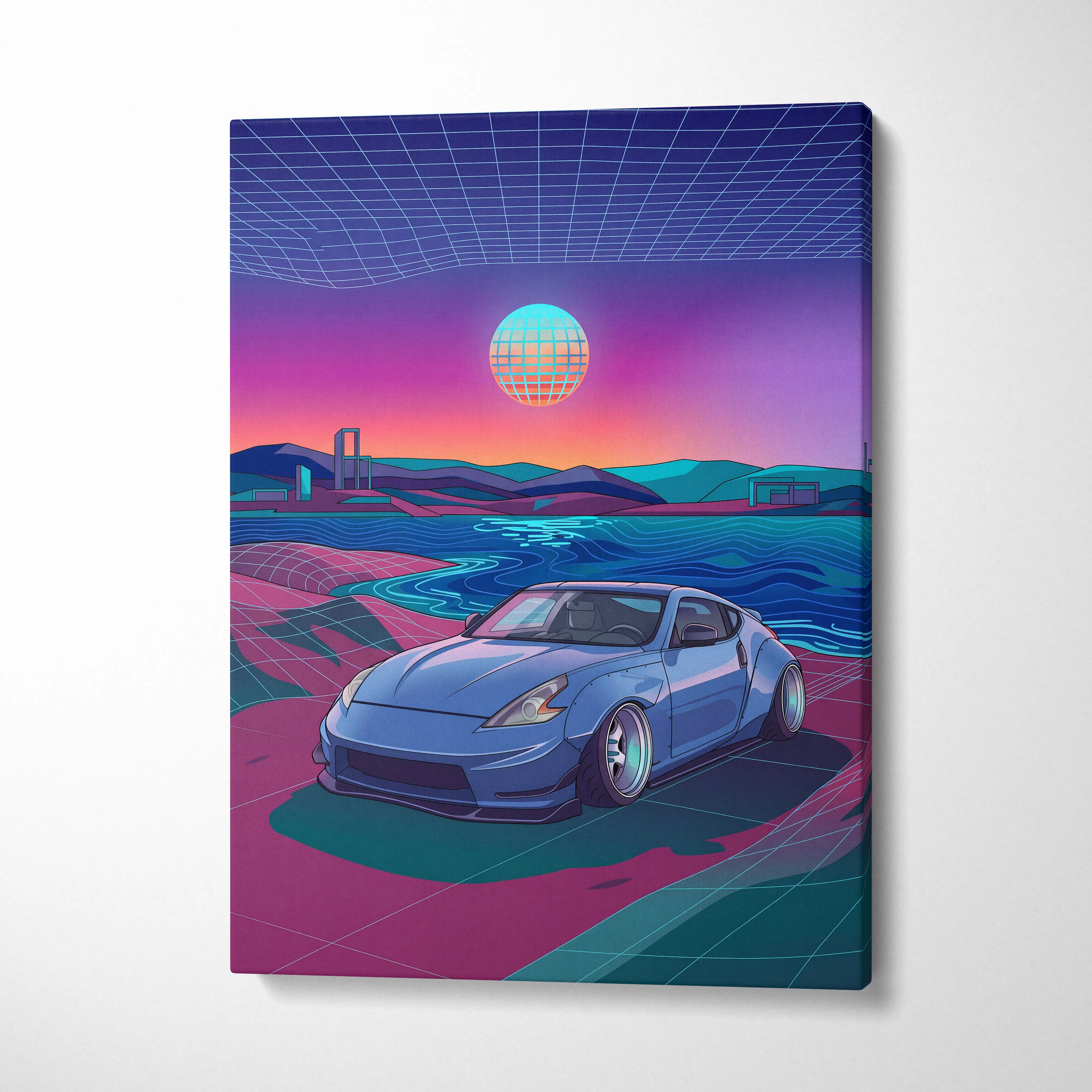 Nissan 370Z Inspired Blue Pink Canvas Wall Art Vaporwave JDM Sports Car Artwork Neon Coastal Garage Decor Retro Futuristic Tuner Print