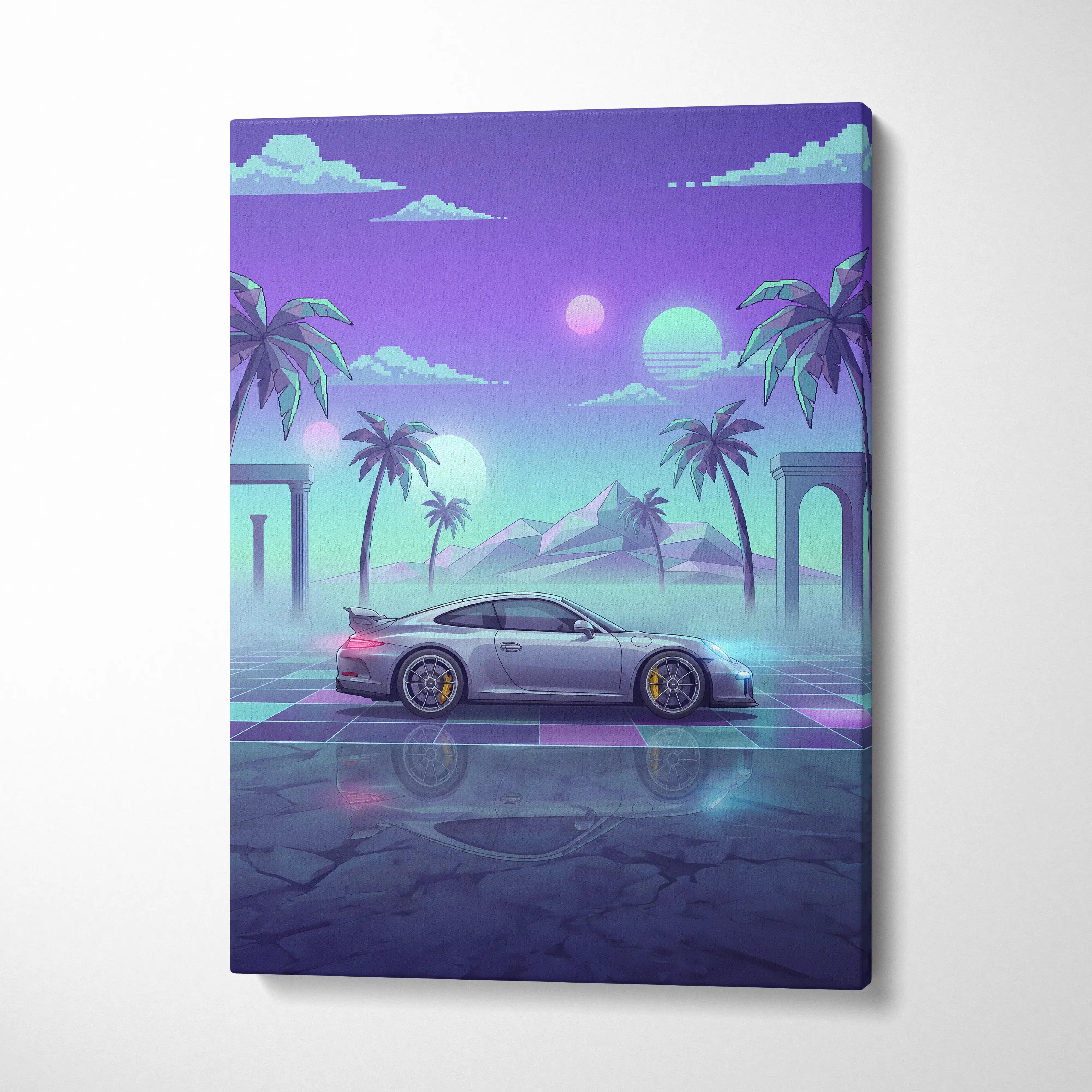 Porsche 911 GT3 Inspired Silver Teal Canvas Wall Art Vaporwave Sports Car Artwork Neon Palm Garage Decor Retro Futuristic Sunset Print