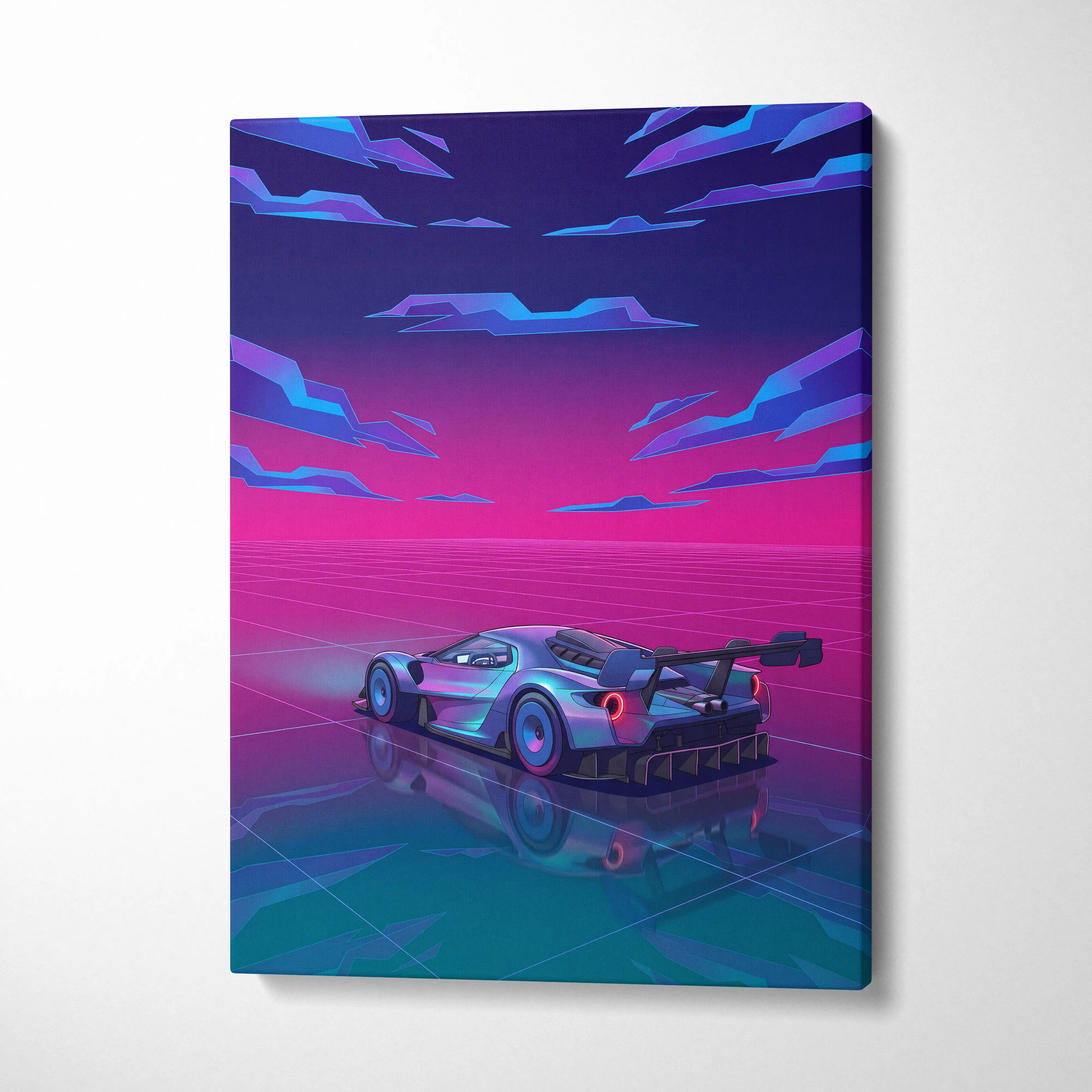 Ford GT Inspired Silver Pink Canvas Wall Art, Vaporwave Supercar Artwork, Neon Grid Garage Decor, Retro Futuristic Exotic Car Print