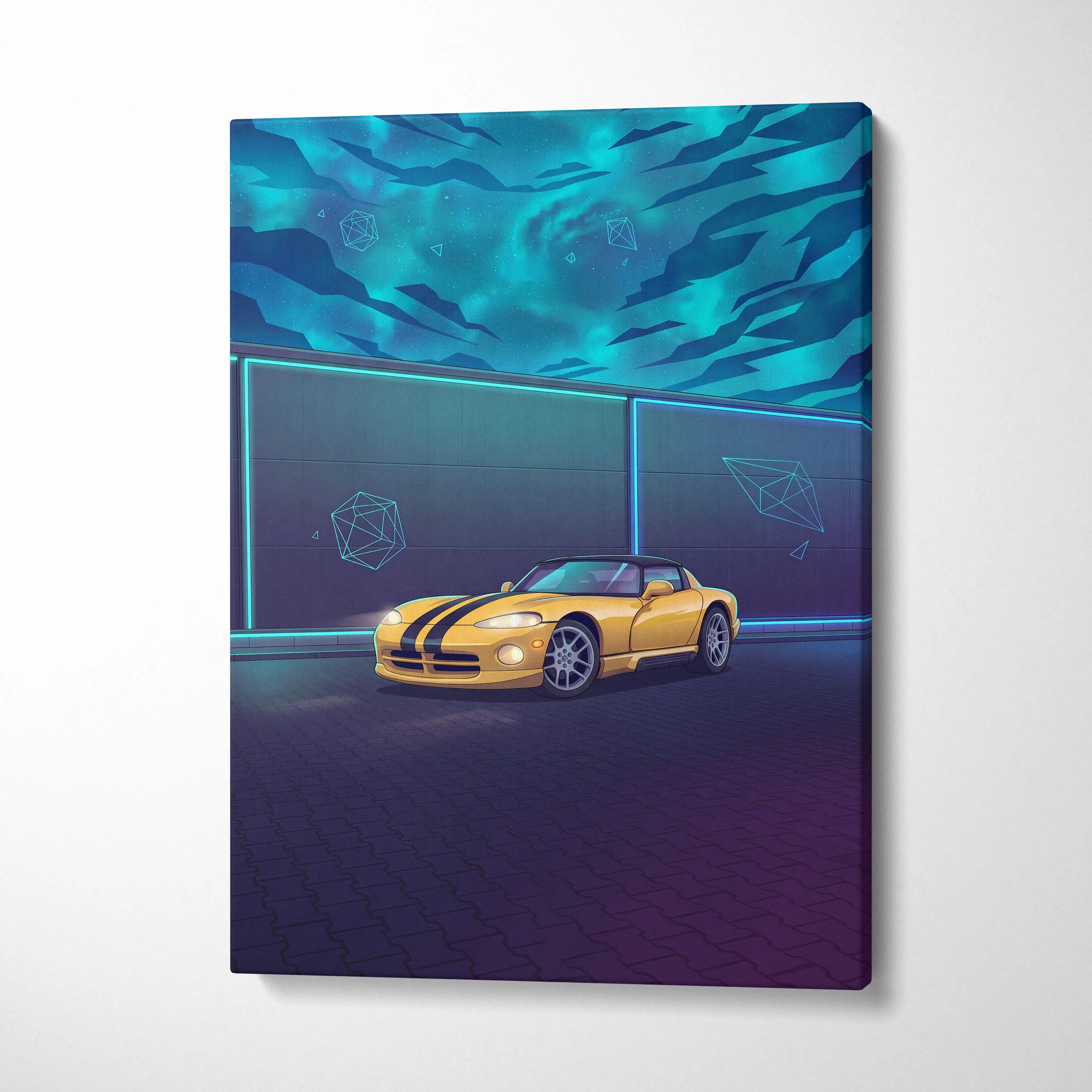 Dodge Viper Inspired Yellow Teal Canvas Wall Art Vaporwave Sports Car Artwork Neon Night Garage Decor Retro Futuristic Performance Print