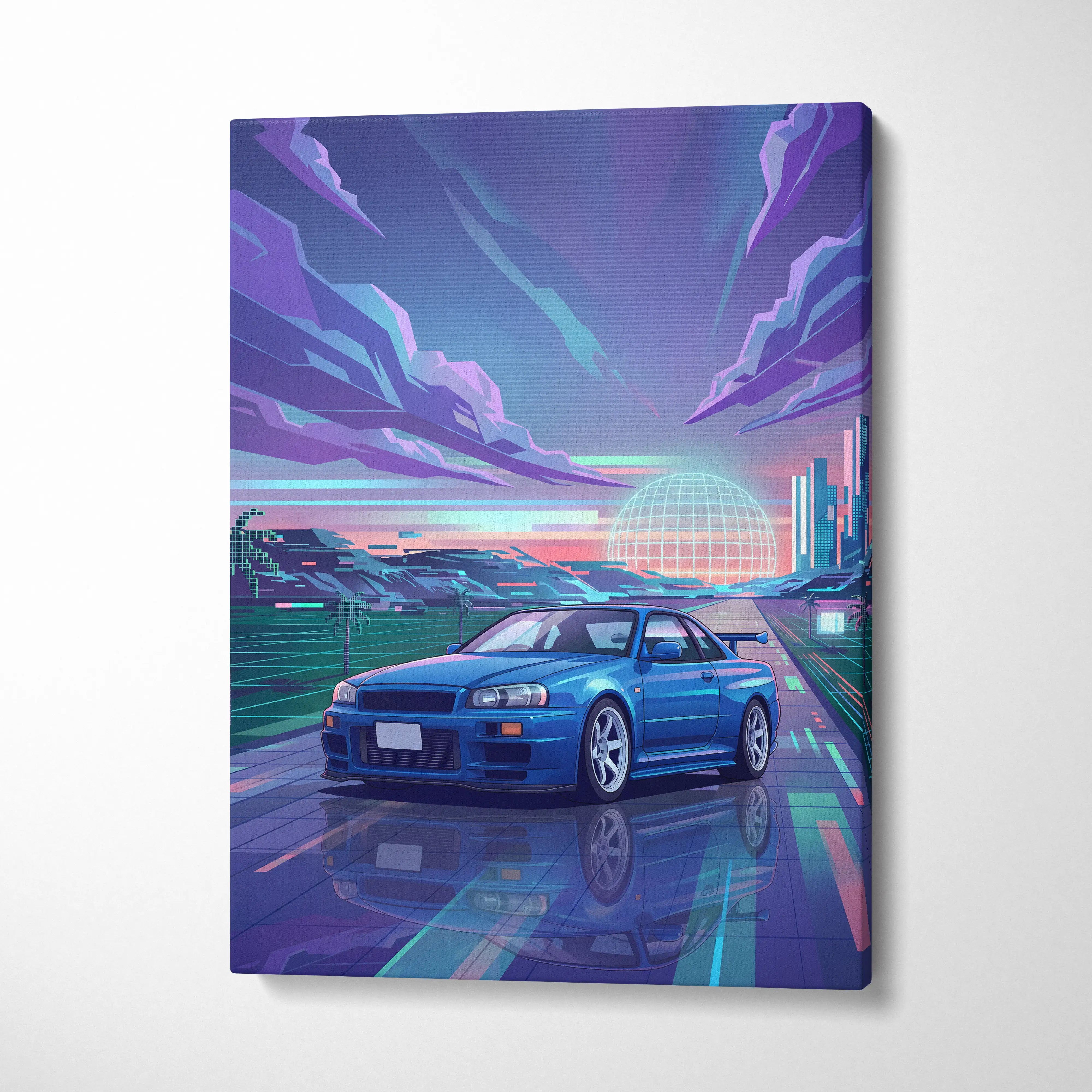 Nissan Skyline GT-R R34 Inspired Blue Purple Canvas Wall Art Vaporwave Neon City JDM Car Artwork, Retro Sunset Garage Decor