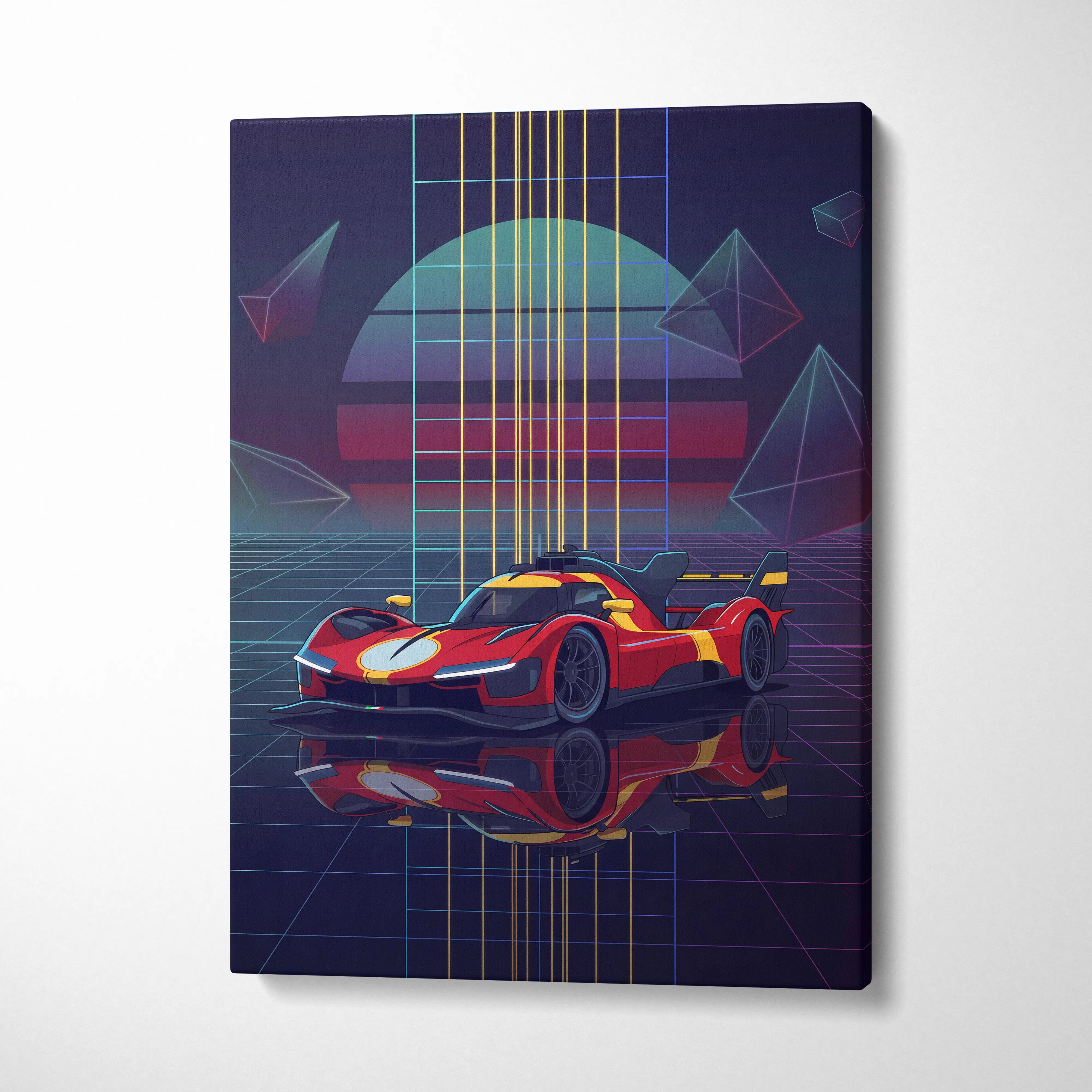 Ferrari 499P Inspired Red Yellow Canvas Wall Art Vaporwave Race Car Artwork Neon Grid Garage Decor Retro Futuristic Motorsport Print