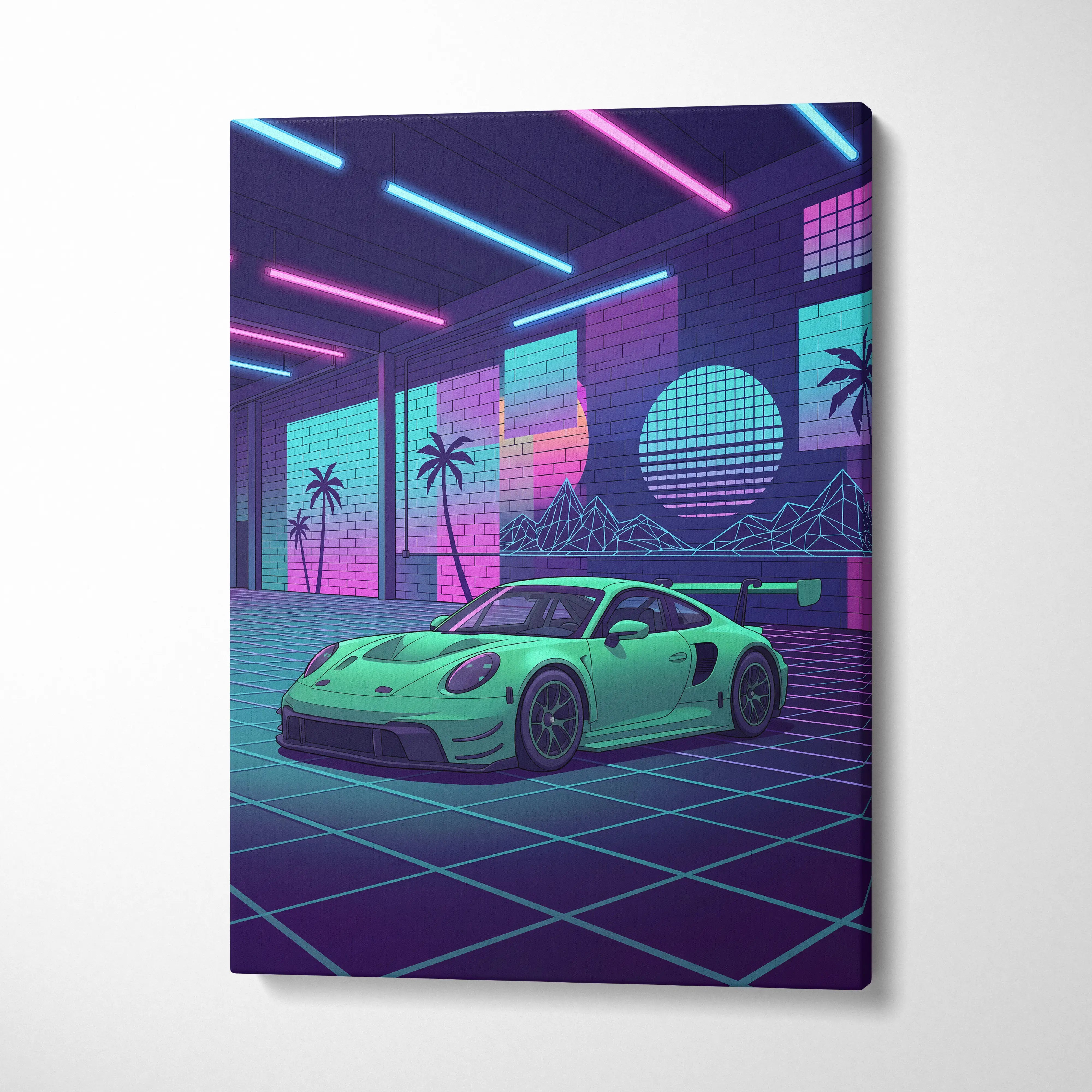 Vibrant lime green porsche 911 gt3 rs inspired canvas wall art in a neon-lit retro-futuristic vaporwave garage setting