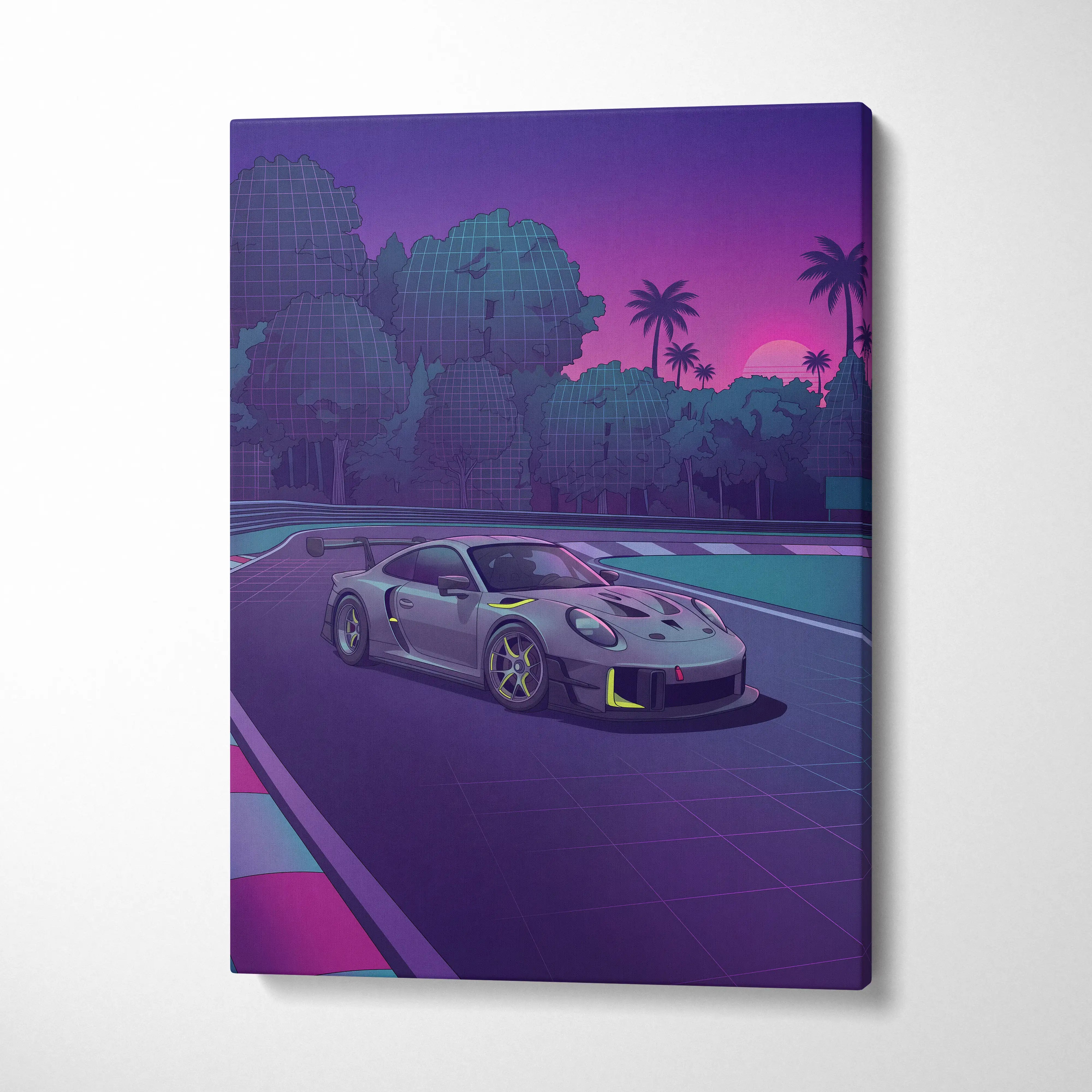 Porsche 911 GT3 RS Inspired Gray Purple Canvas Wall Art Vaporwave Sunset Race Track Sports Car Artwork, Neon Palm Garage Decor