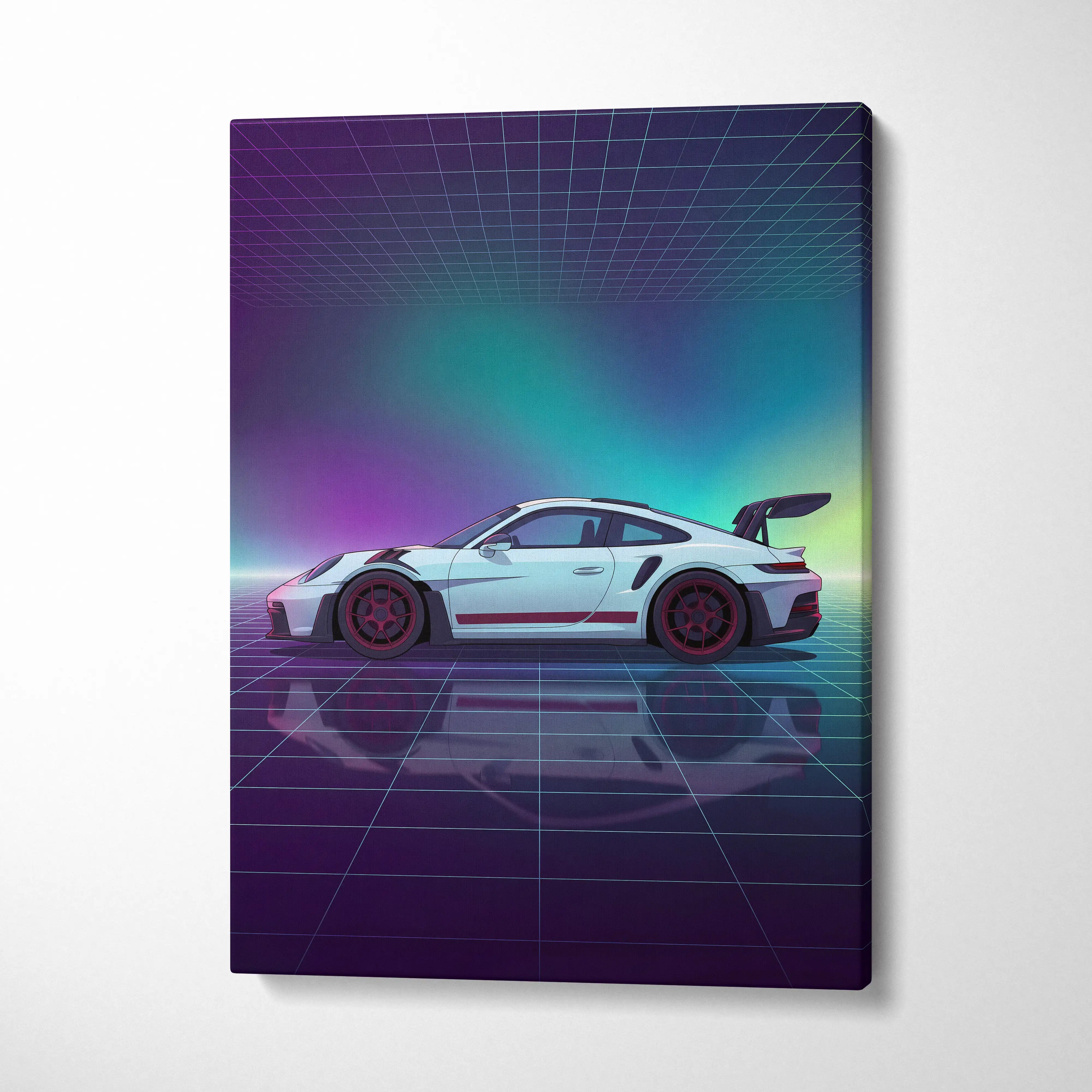 White porsche 911 gt3 rs inspired sports car with red accents on purple canvas wall art in retro futuristic style