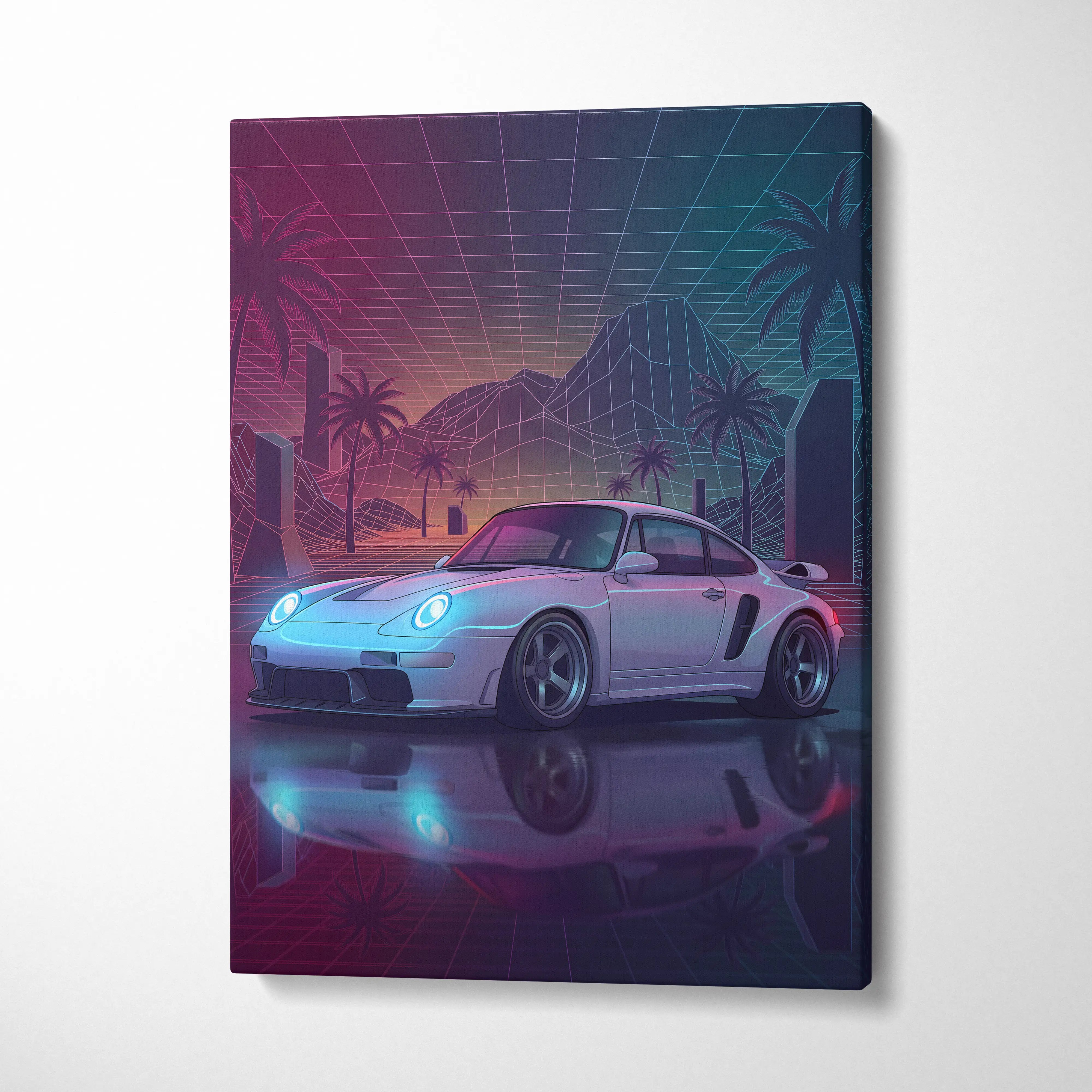 Porsche 911 Turbo Inspired Canvas Wall Art - Vaporwave Widebody Sports Car Decor with Neon Palm Drive Style