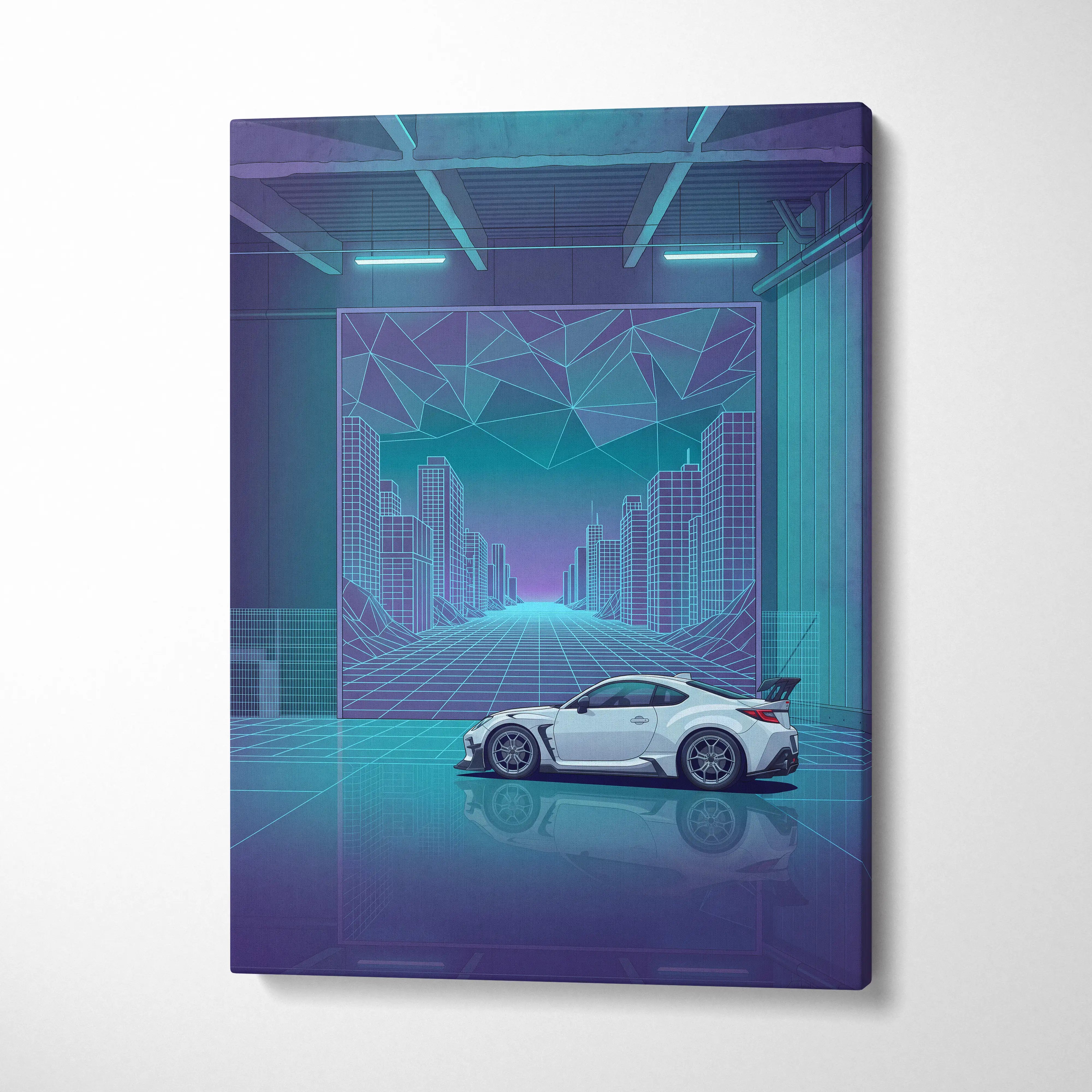 Toyota GR86 Inspired White Teal Canvas Wall Art Vaporwave Sports Car Artwork Neon Cyberpunk Garage Decor Retro Futuristic JDM City Print