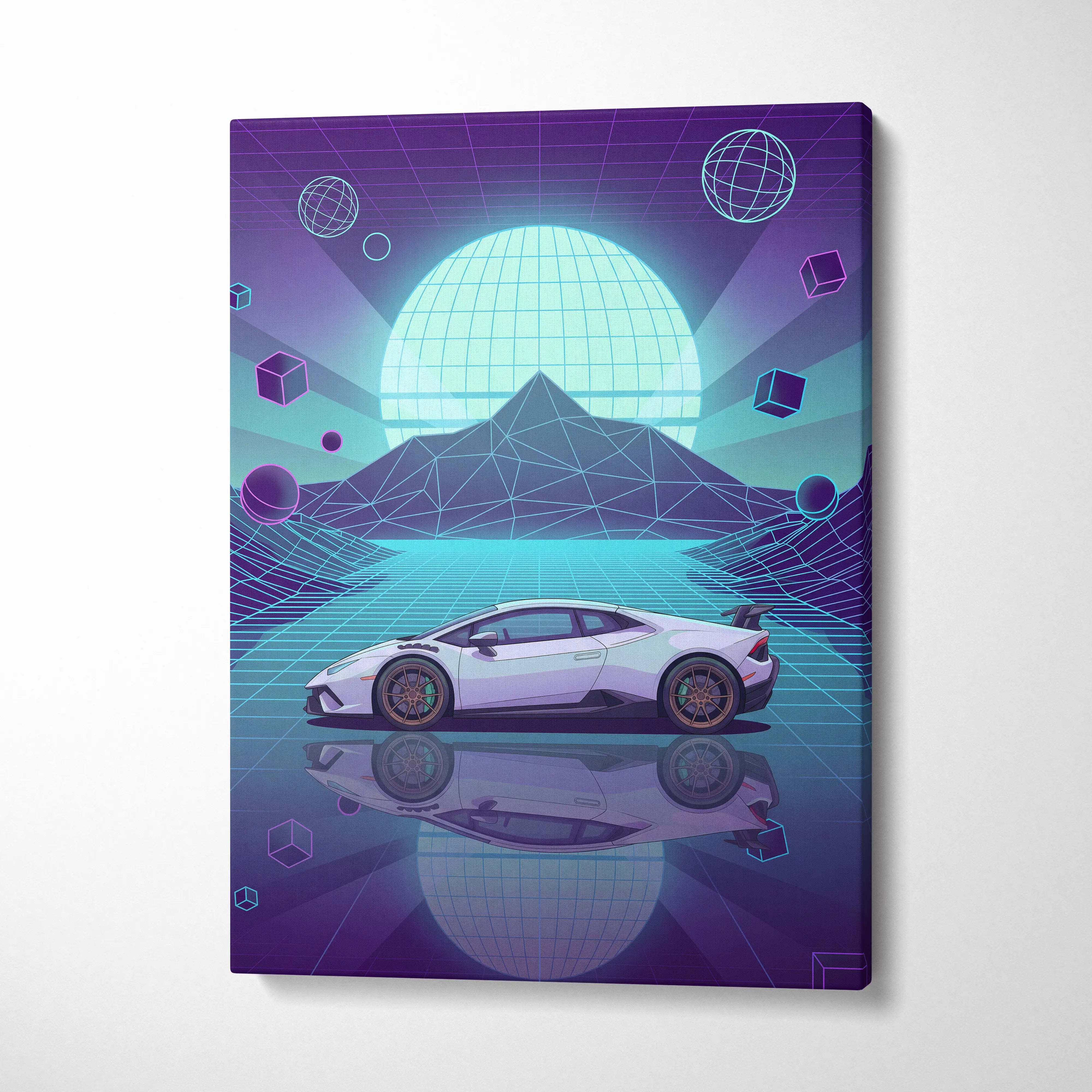 Lamborghini Huracan STO Inspired White Teal Canvas Wall Art Vaporwave Supercar Artwork Neon Grid Garage Decor Futuristic Mountain Print
