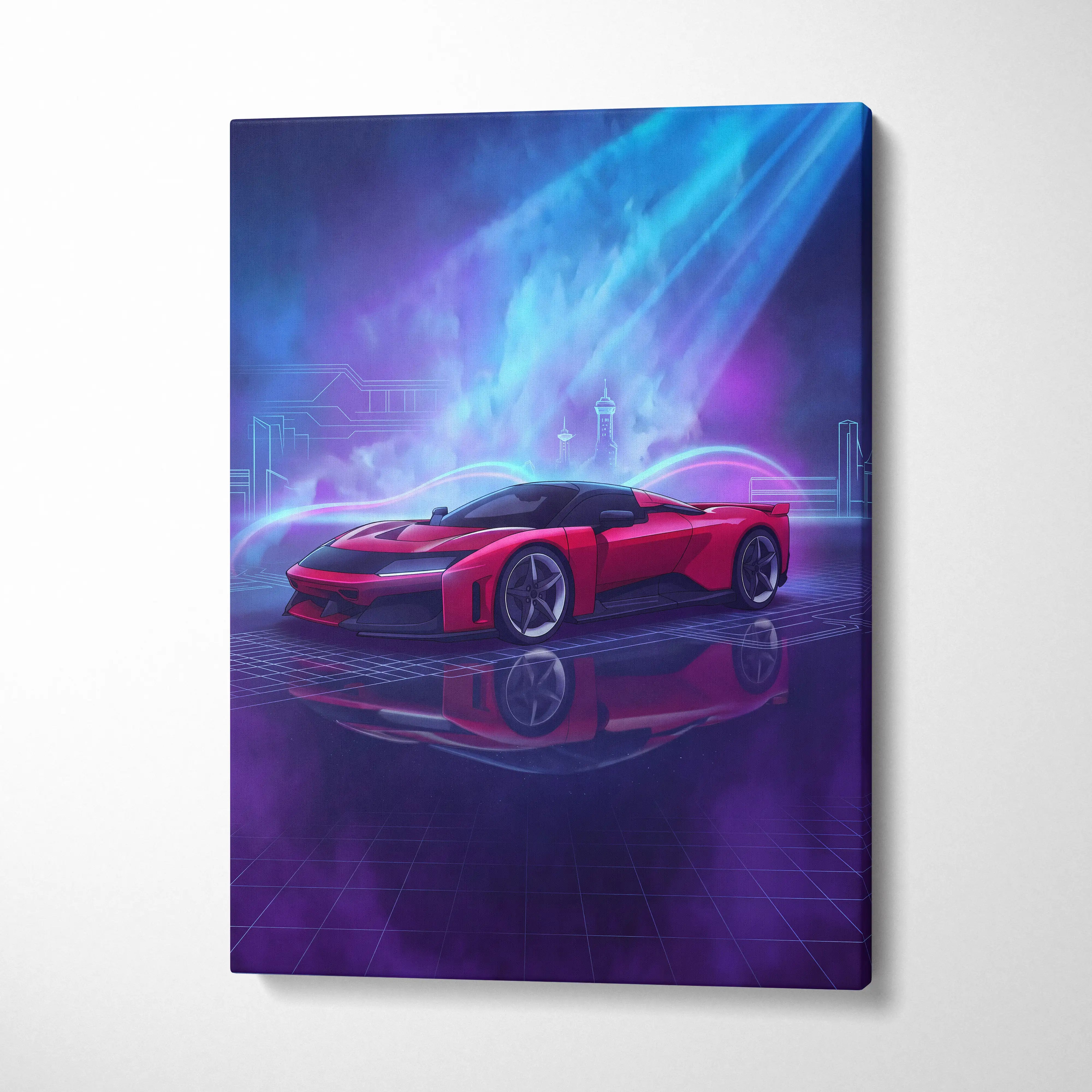 Ferrari F80 Inspired Red Blue Canvas Wall Art, Vaporwave Hypercar Artwork, Neon City Garage Decor, Retro Futuristic Motorsport Print