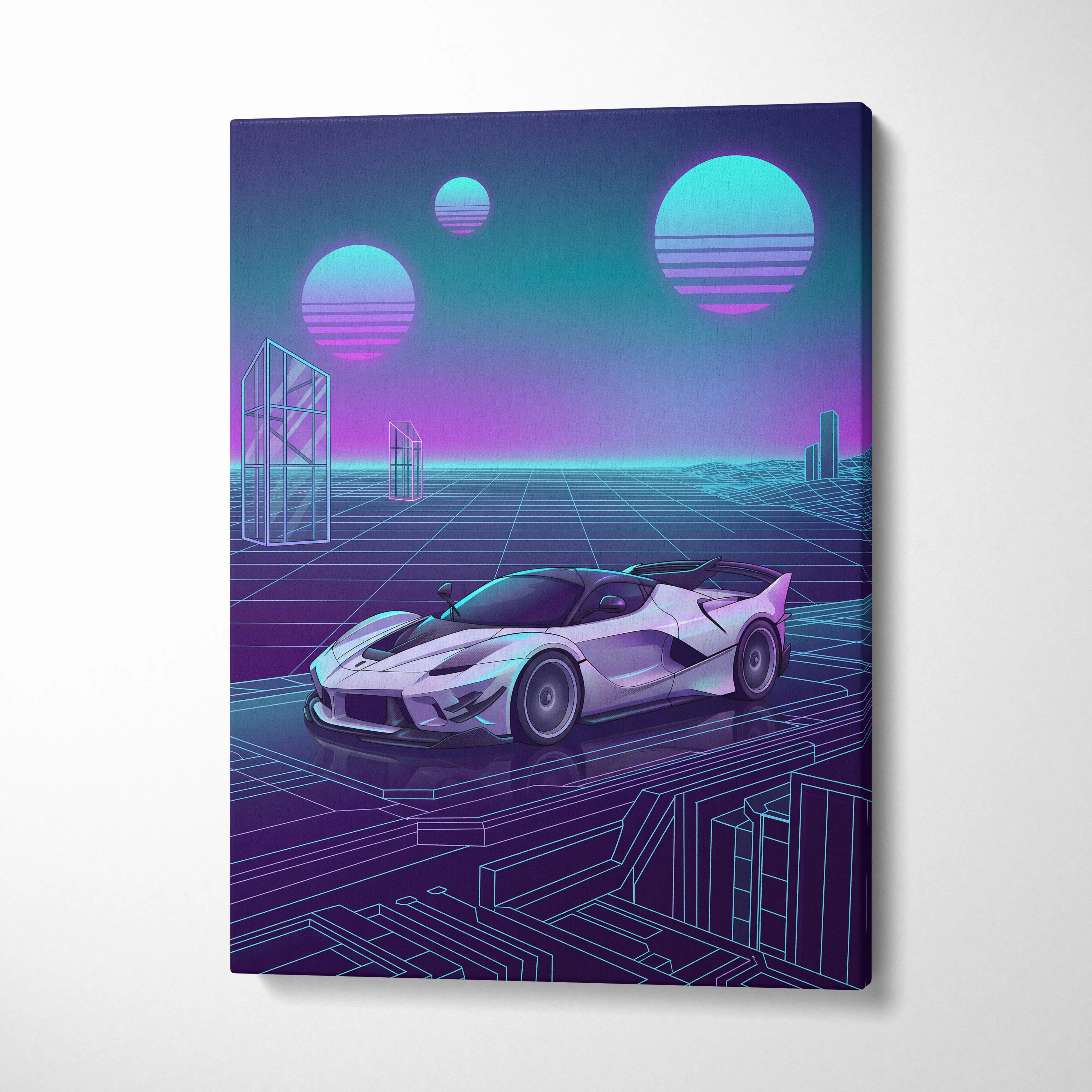 Ferrari FXX-K Evo Inspired White Purple Canvas Wall Art, Vaporwave Hypercar Artwork, Neon Grid Garage Decor, Retro Futuristic Exotic Car Print