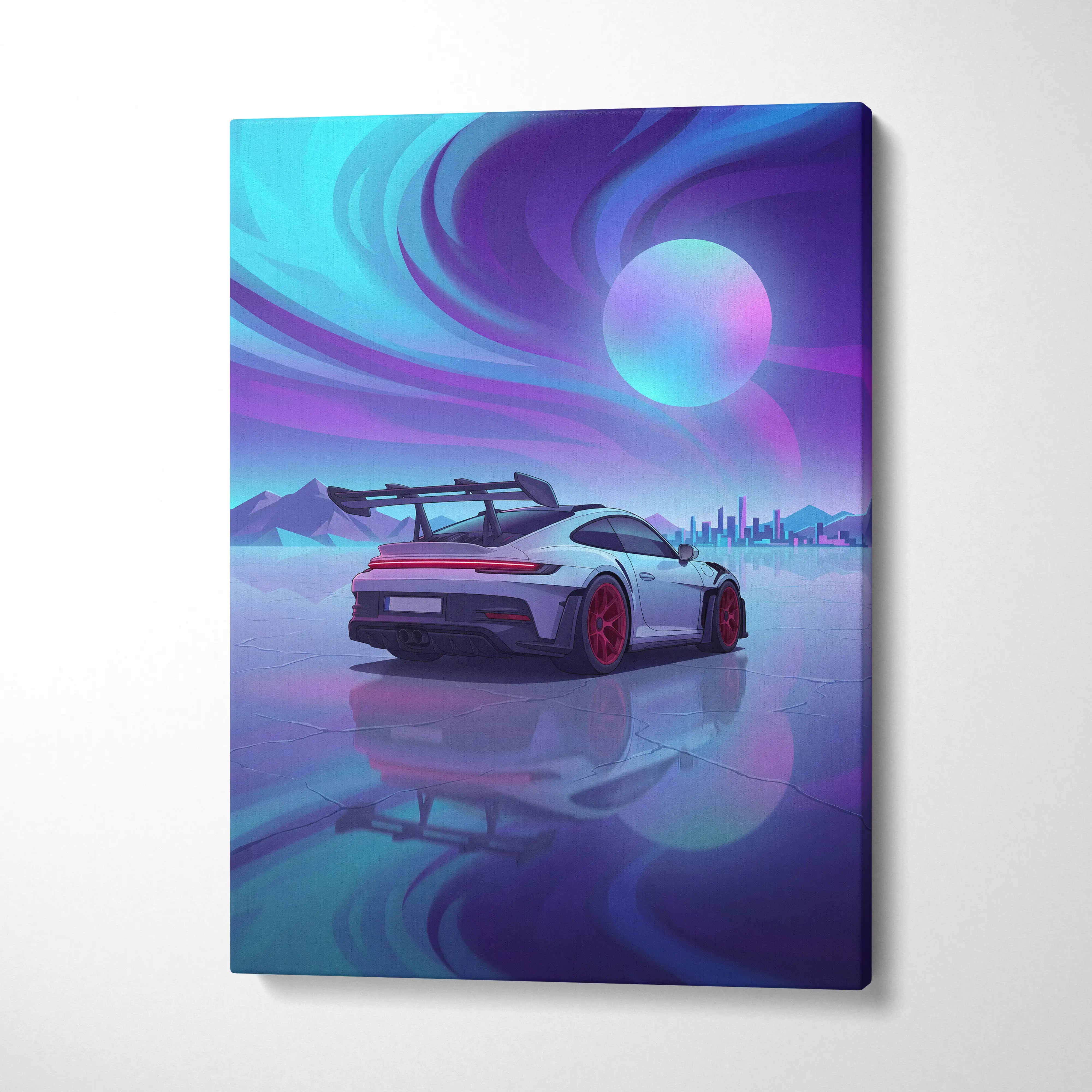 Porsche 911 GT3 RS Inspired White Blue Canvas Wall Art, Vaporwave Track Car Artwork, Neon Sunset Garage Decor, Retro Futuristic Motorsport Print