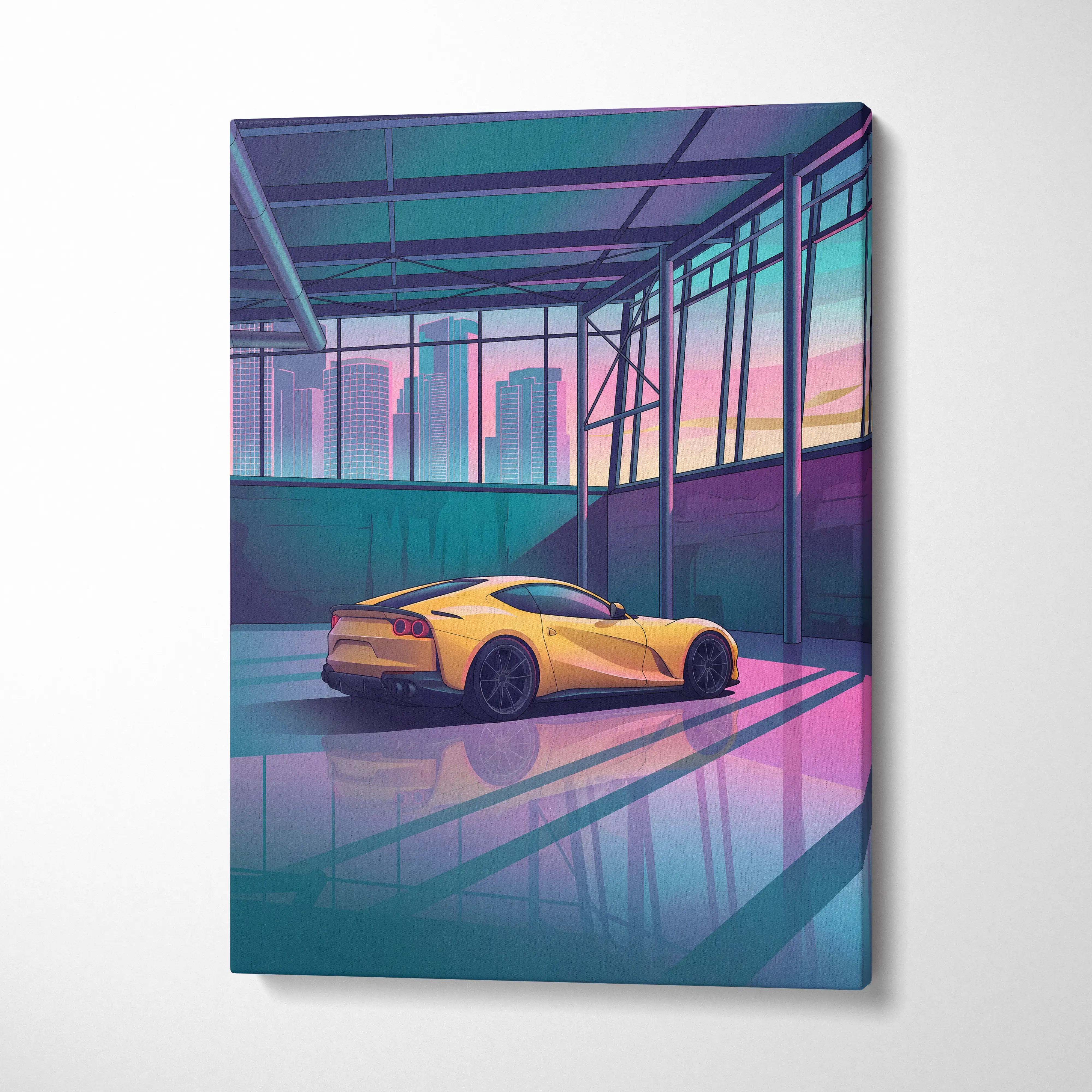 Ferrari 812 Superfast Inspired Yellow Teal Canvas Wall Art Vaporwave Supercar Artwork Neon Garage Decor Retro Futuristic City Print