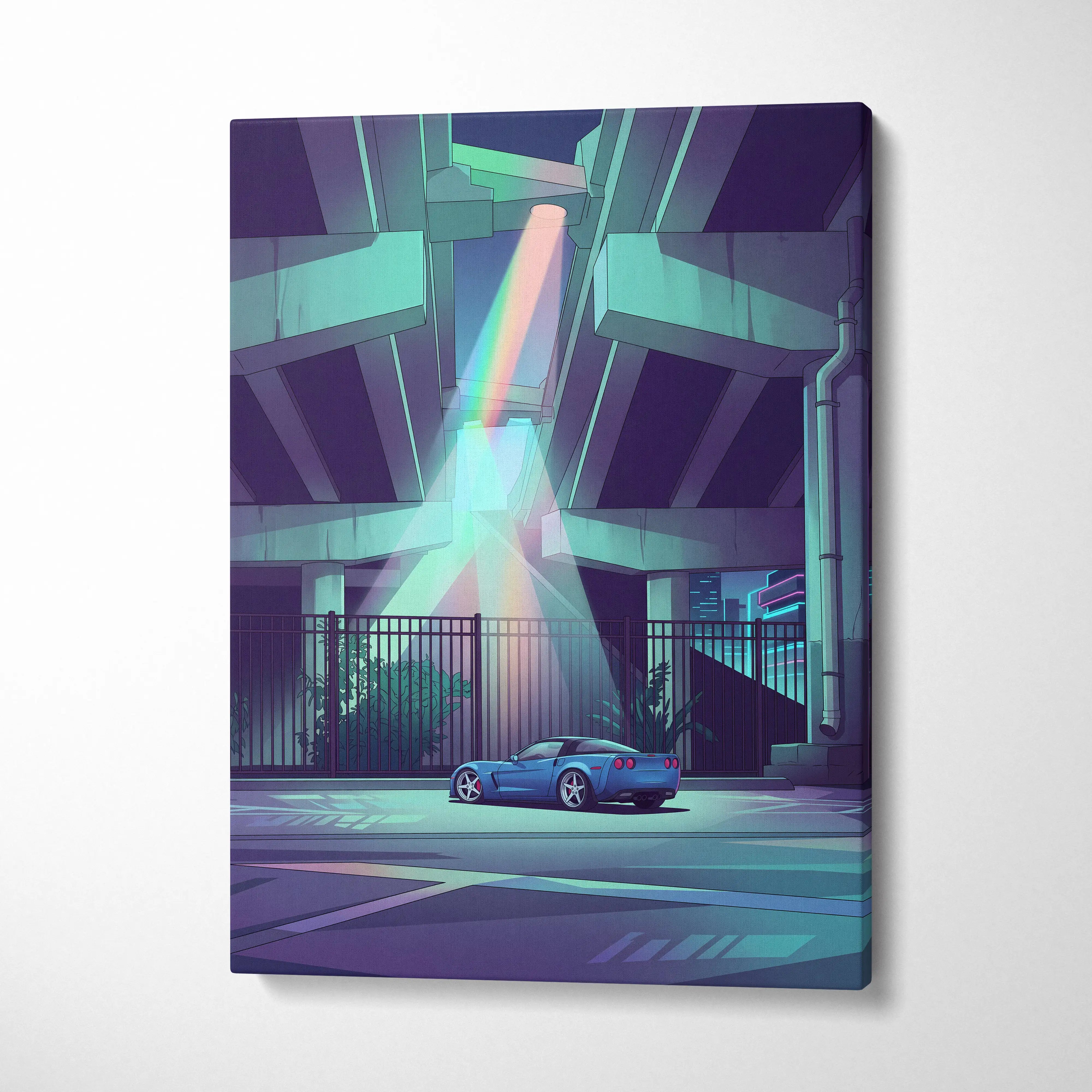 Chevrolet Corvette Inspired Blue Purple Canvas Wall Art, Vaporwave Sports Car Artwork, Neon Underpass Garage Decor, Retro Futuristic Print