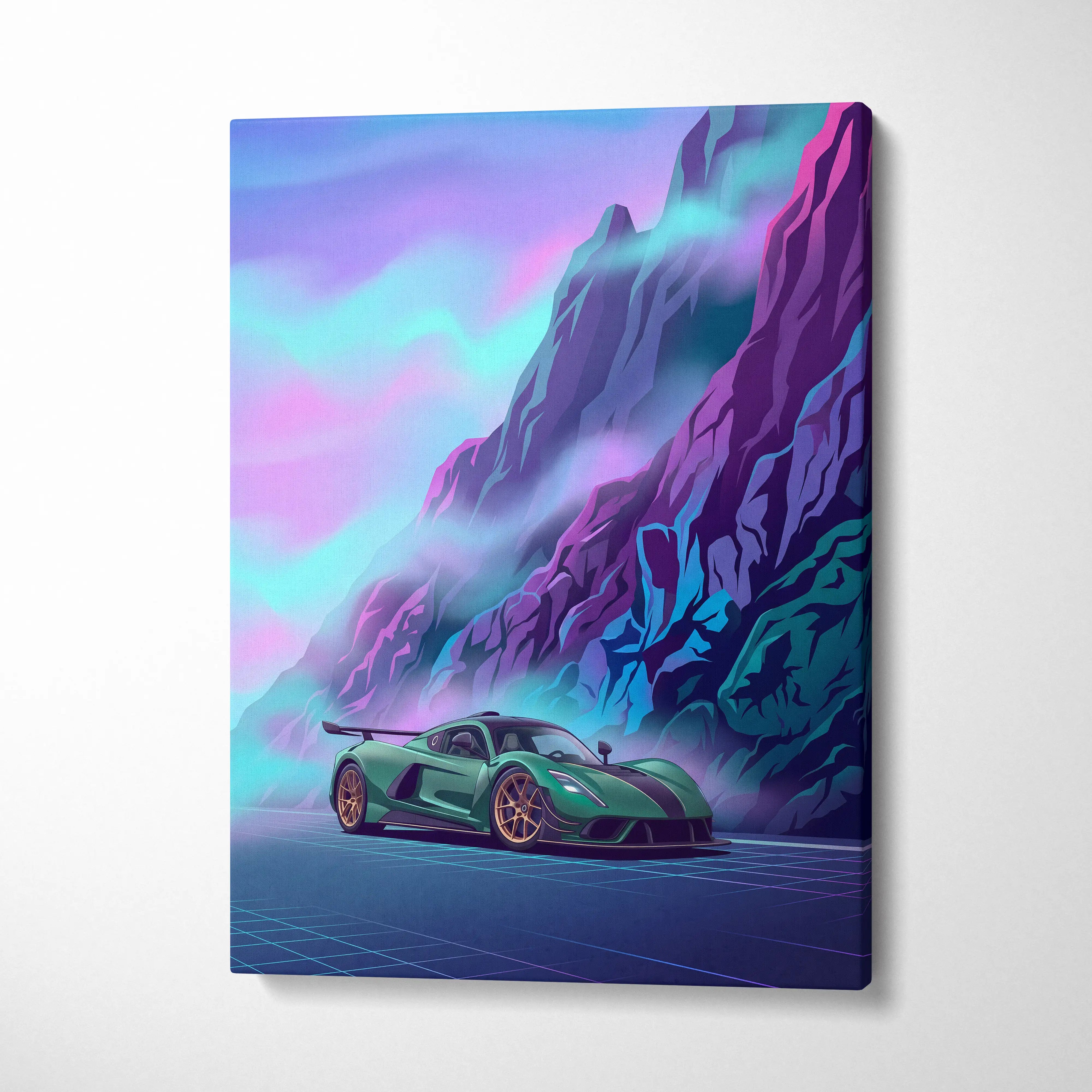 Venom F5 Inspired Green Purple Canvas Wall Art, Vaporwave Hypercar Artwork, Neon Mountain Garage Decor, Retro Futuristic Exotic Print