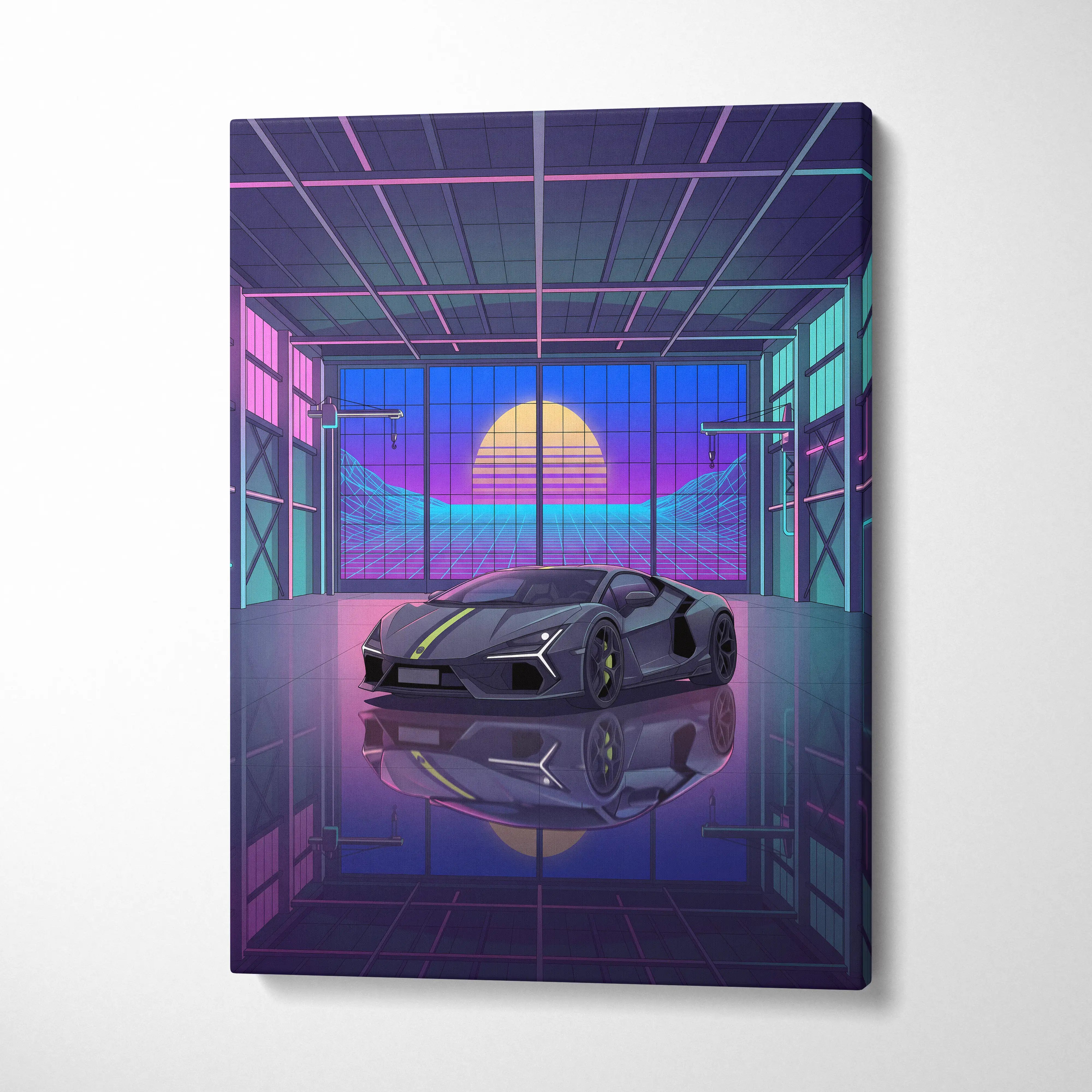 Lamborghini Revuelto Inspired Gray Purple Canvas Wall Art, Vaporwave Supercar Artwork, Neon Garage Decor, Retro Futuristic Exotic Car Print