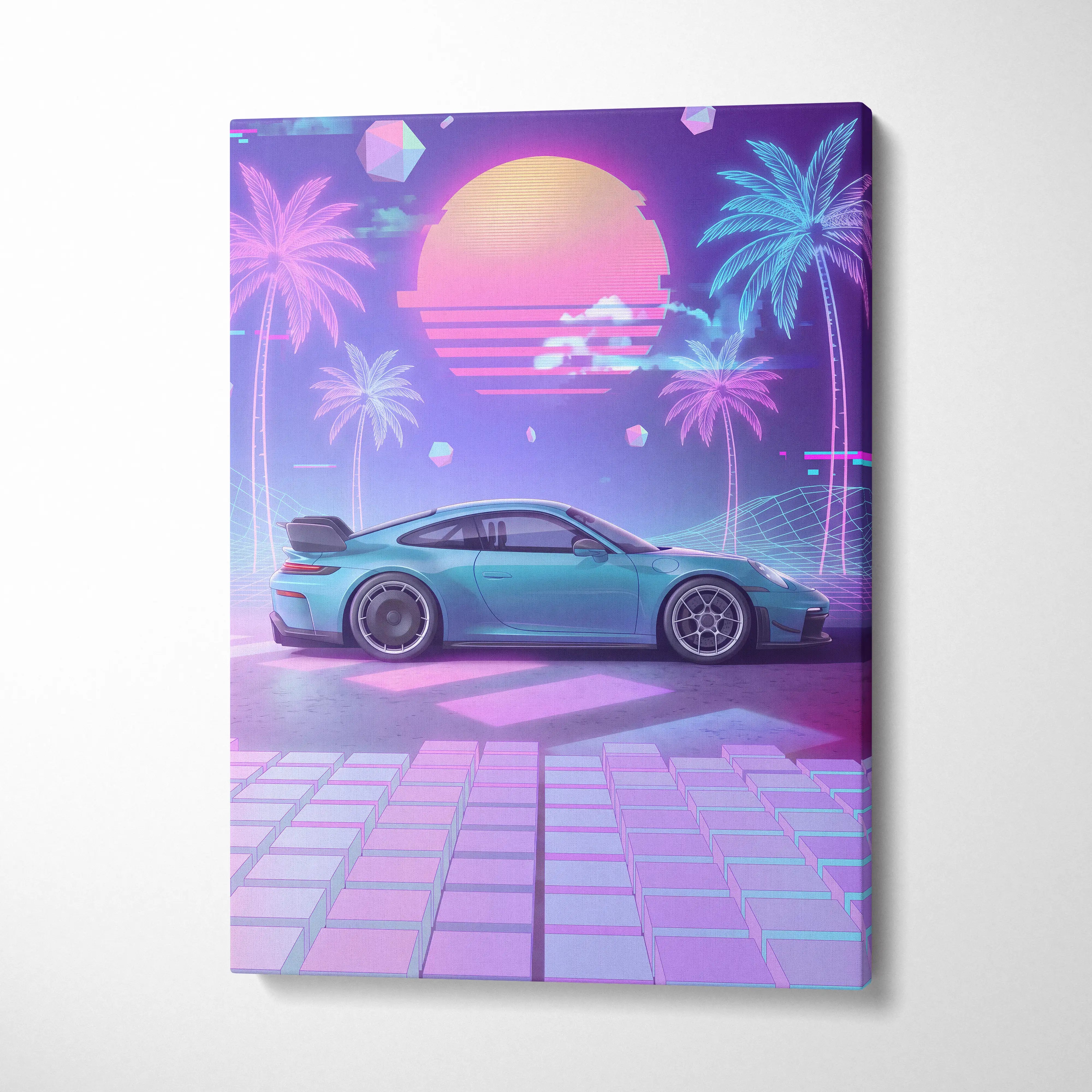 Porsche 911 GT3 Inspired Neon Vaporwave Sunset Canvas - Car Art Neon Pink Nostalgic Mood Retro Futurism Canvas