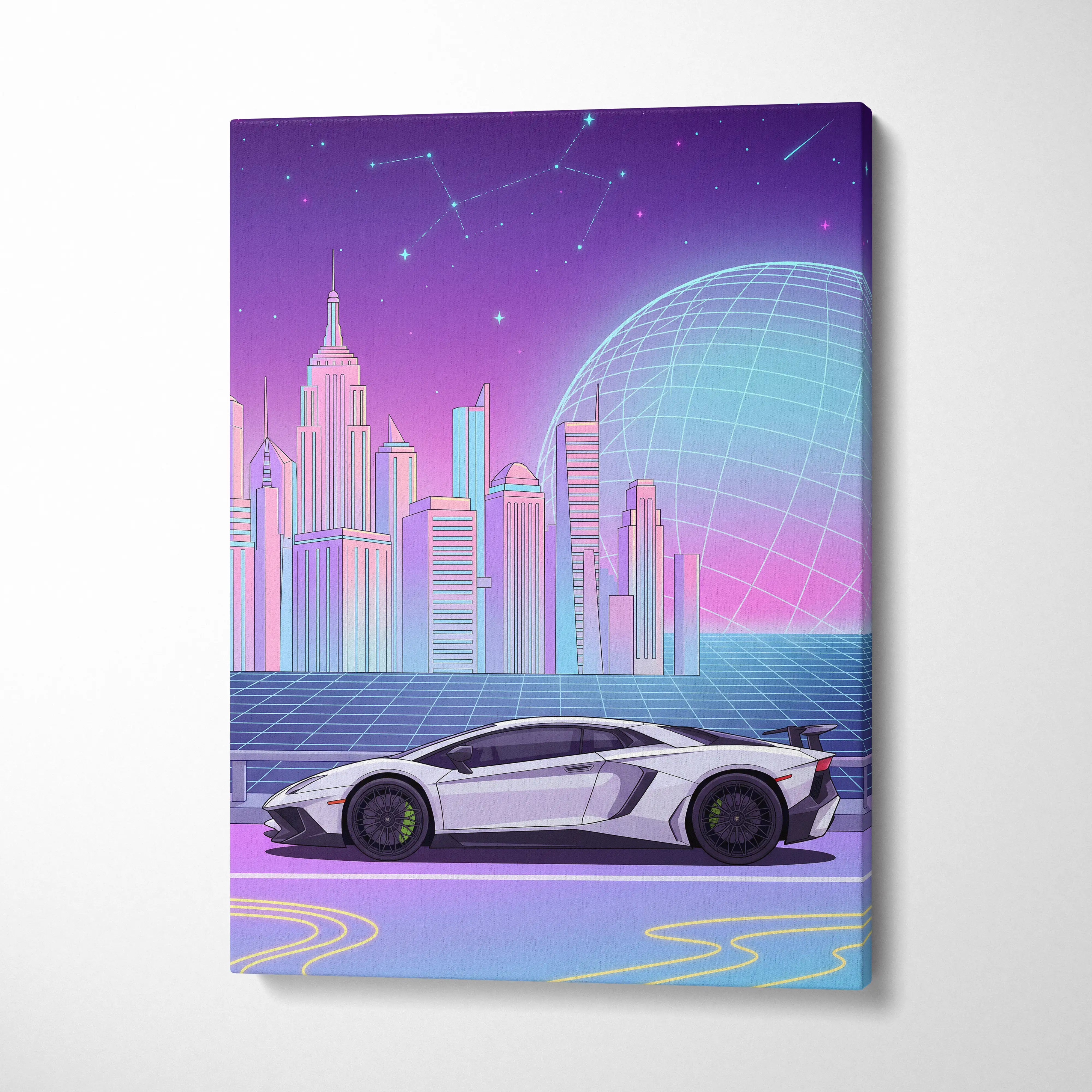 Lamborghini Aventador SV Inspired - Neon Vaporwave City Canvas - Vaporwave Purple Pink Blue Living Room Retro-Futurism