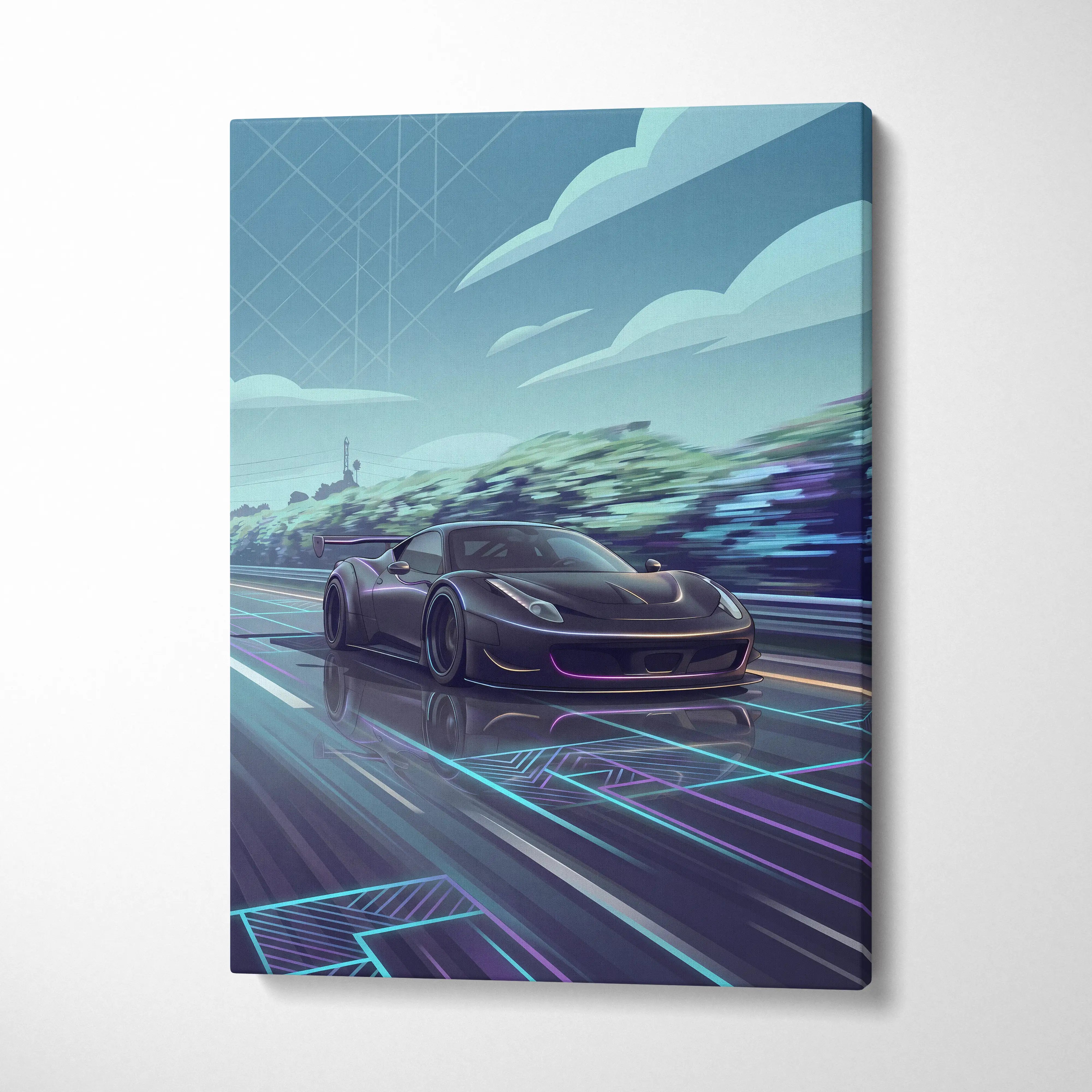 Ferrari 458 Inspired Vaporwave Neon Skyline Ride - Car Art Print Neon Blue Pink Living Room Vaporwave Canvas