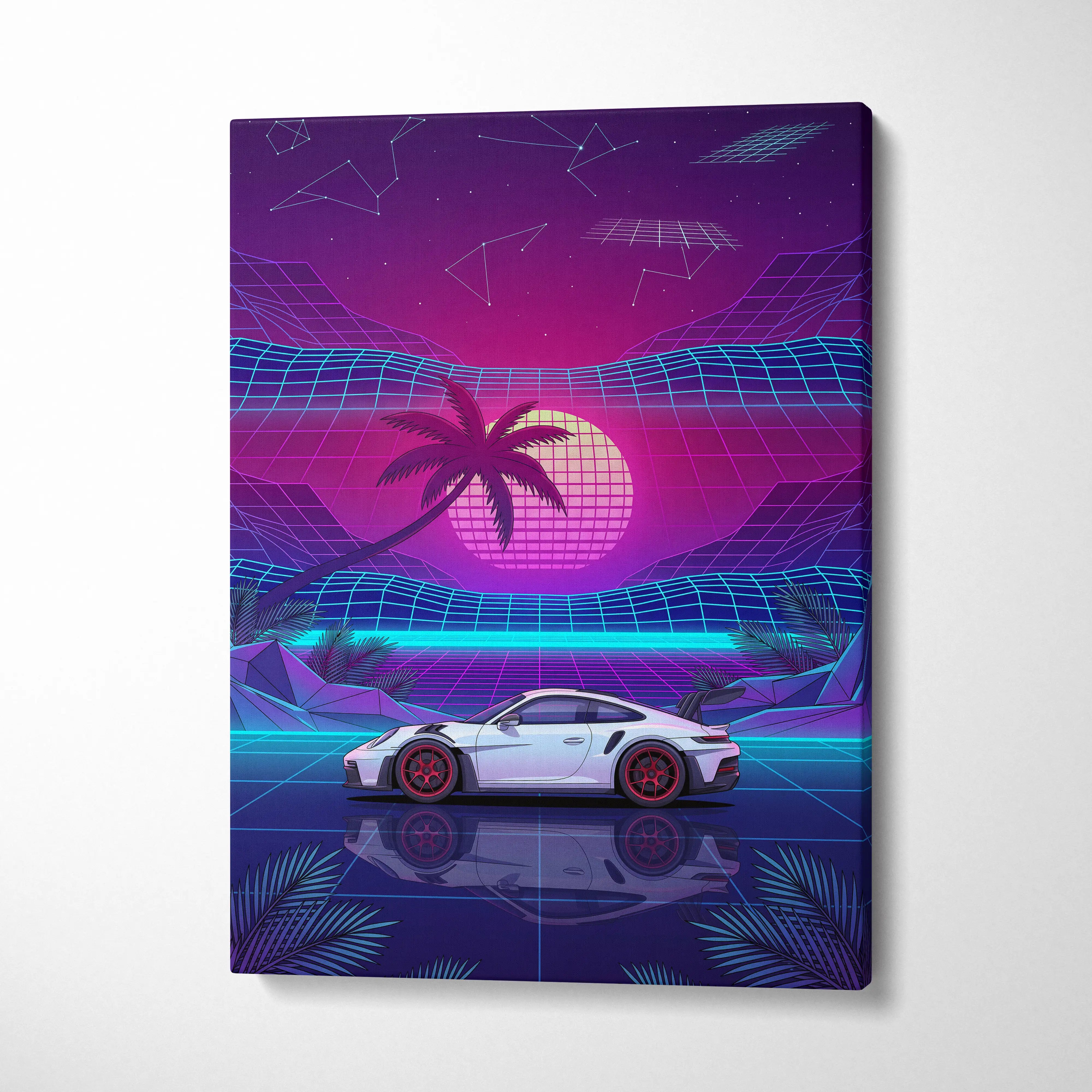 Porsche 911 GT3 RS Inspired White Purple Canvas Wall Art Vaporwave Sports Car Artwork Neon Palm Garage Decor Retro Futuristic Sunset Print